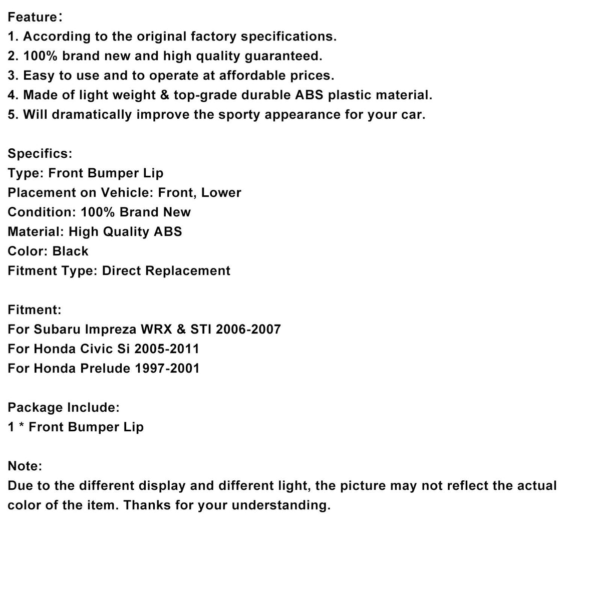 2005-2011 Honda Civic Si Front Bumper Lip Spoiler Body Kit Generic