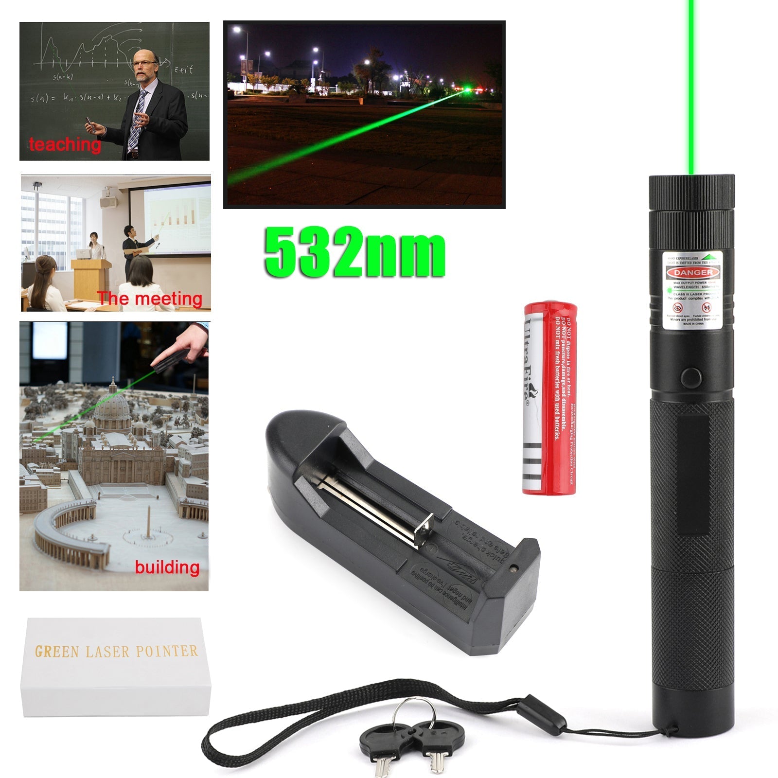 Aviation Aluminum Green Laser Pointer 532nm Rechargeable Child Safety Lock 1000m Range for Presentations Teaching
