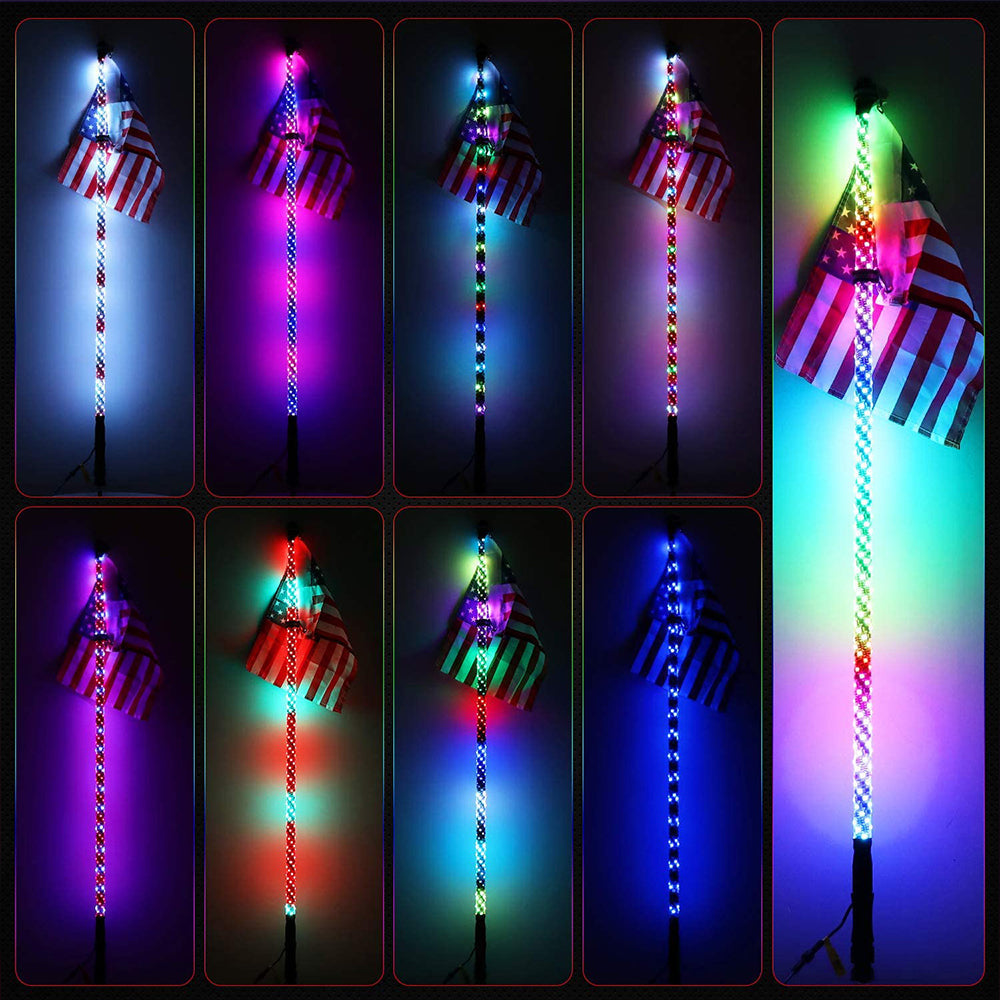 Ford F150 F250 F350 2X 4ft RGB LED APP Whip Lights Antenna W/ Flag Remote Control Generic