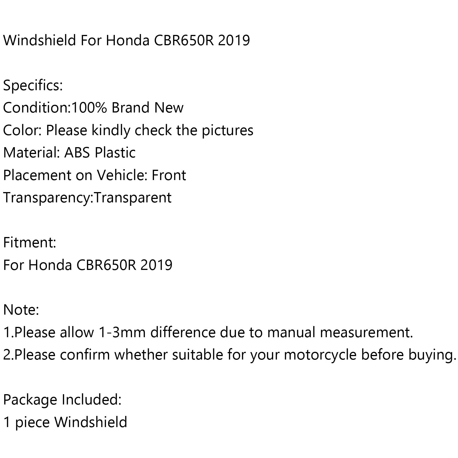 2019-2022 Honda CBR650R CBR 650 R Windshield Windscreen Generic