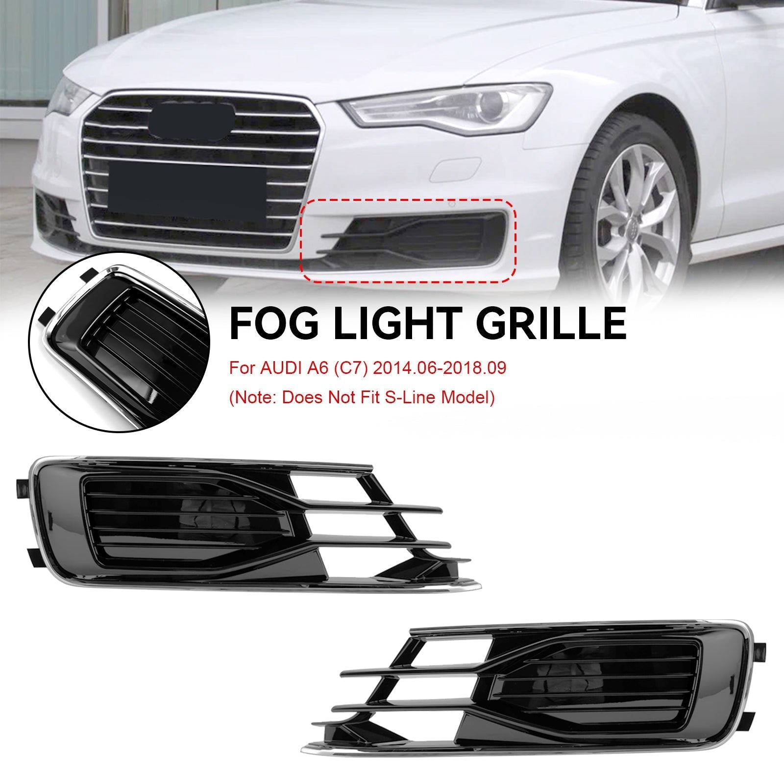 2014-2018 Audi A6 C7 2PCS Front Bumper Foglight Cover Grill Black Chrome