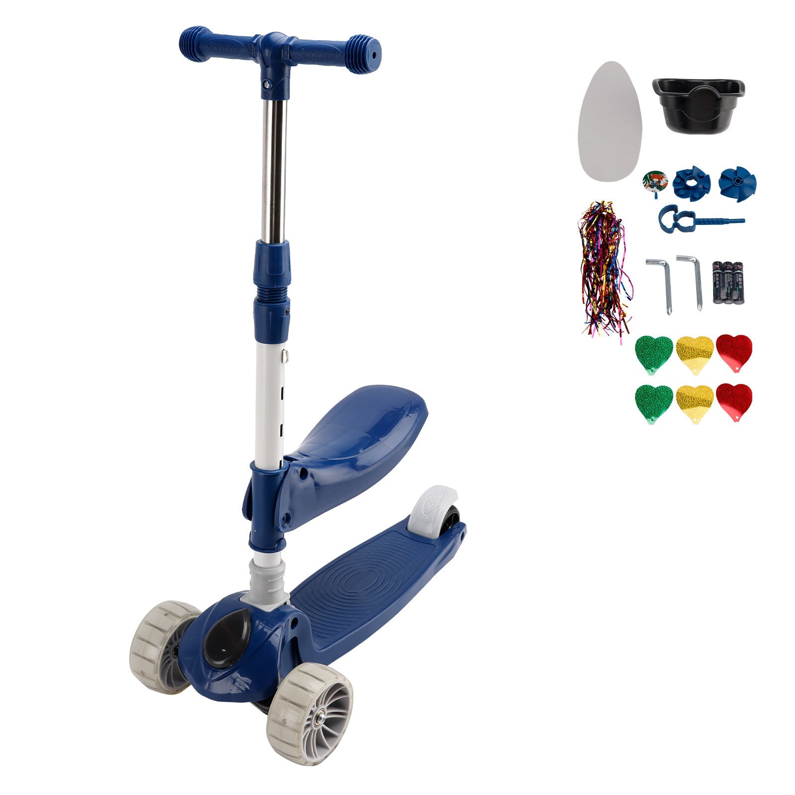 2-in-1 Kids Scooter Foldable Seat Light 3 Wheel Adjustable Folding Bar Blue