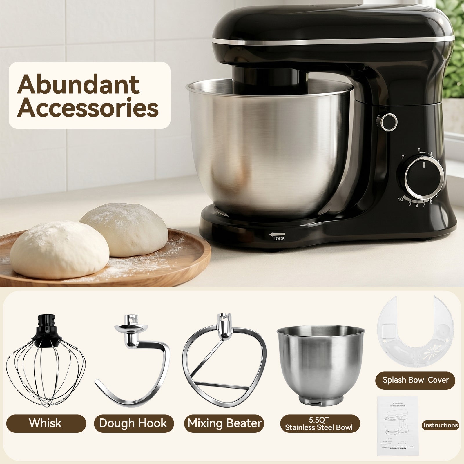 Dough Hook Electric dough mixers are suitable for home use. Balloon Whisk 5.2L Stand Mixer 3-In-1 Kitchen Mixer with Flat Beater