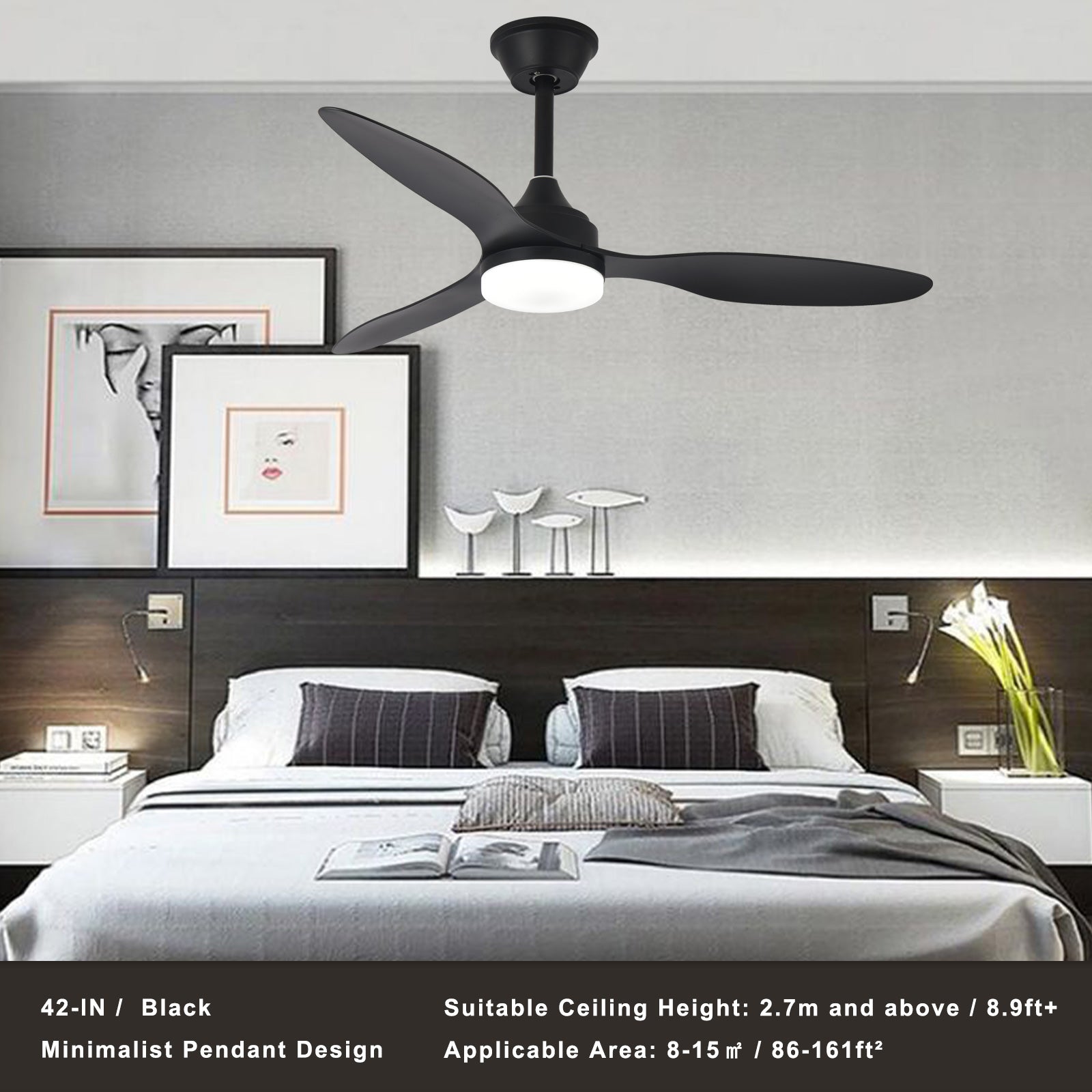 42" Pendant Ceiling Fan with Light Dimmable Black Quiet DC Motor Remote