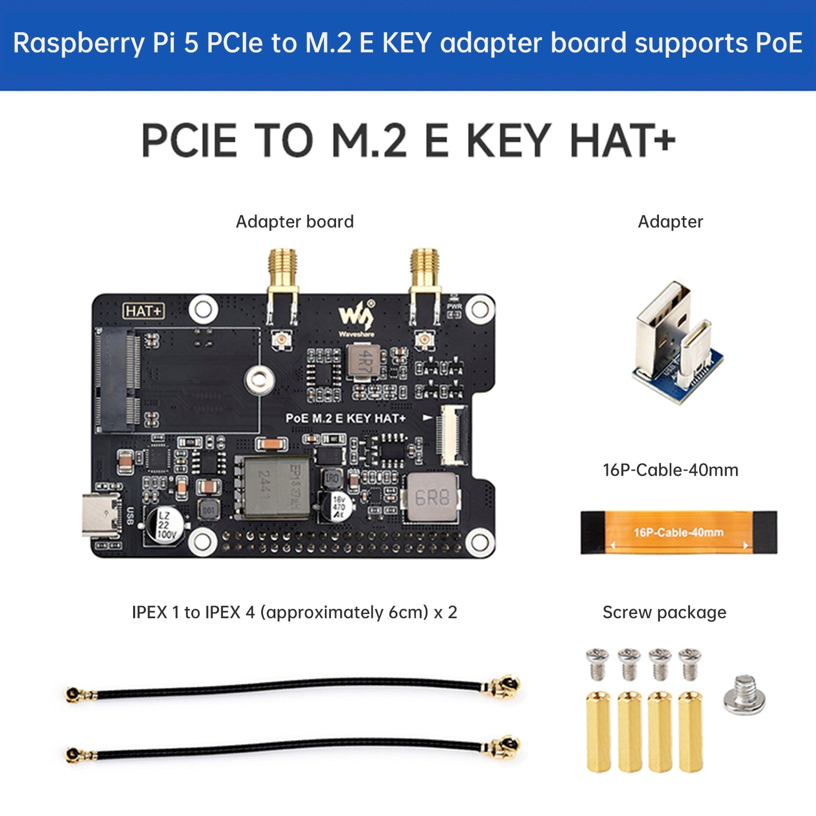 Raspberry Pi 5 PCIe to M.2 E Key with PoE Ethernet Power Supply Adapter Board