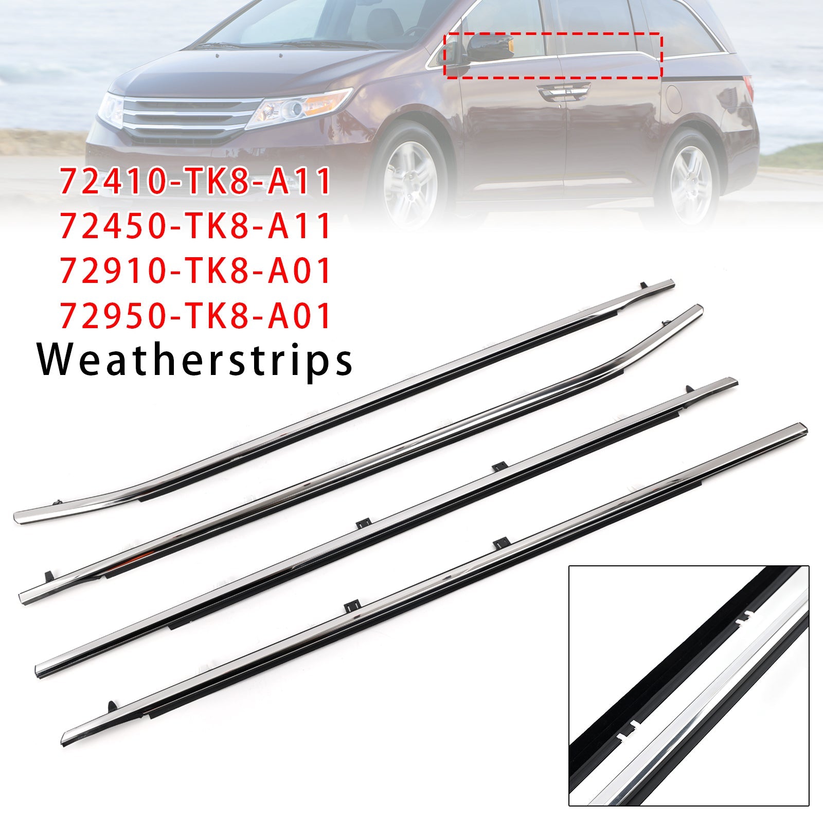 2011-2017 For Odyssey 4PCS Weatherstrips Seal 72410-TK8-A11 Door Belt Molding