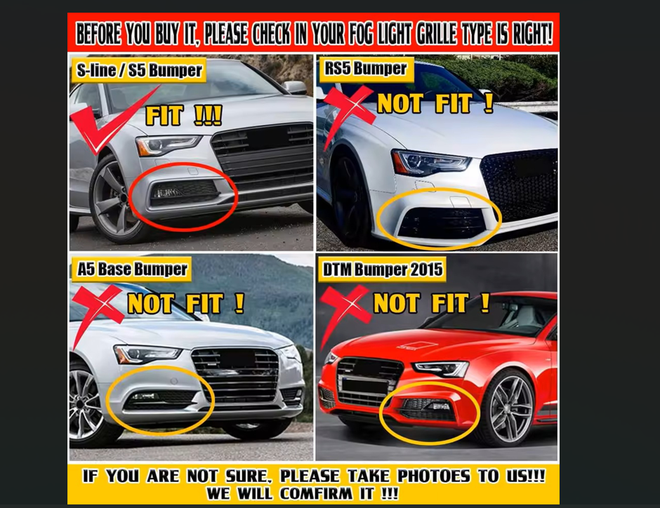 2013-2016 AUDI A5 S-Line S5 2PCS Front Fog Lamp Black Grill Grille