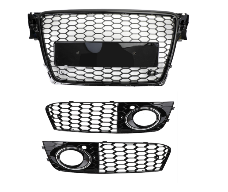 2009-2012 Audi A4 B8 RS4 Style Honeycomb Sport Mesh Hex Grille & Gloss Black Honeycomb Mesh Fog Light Open Vent Grill