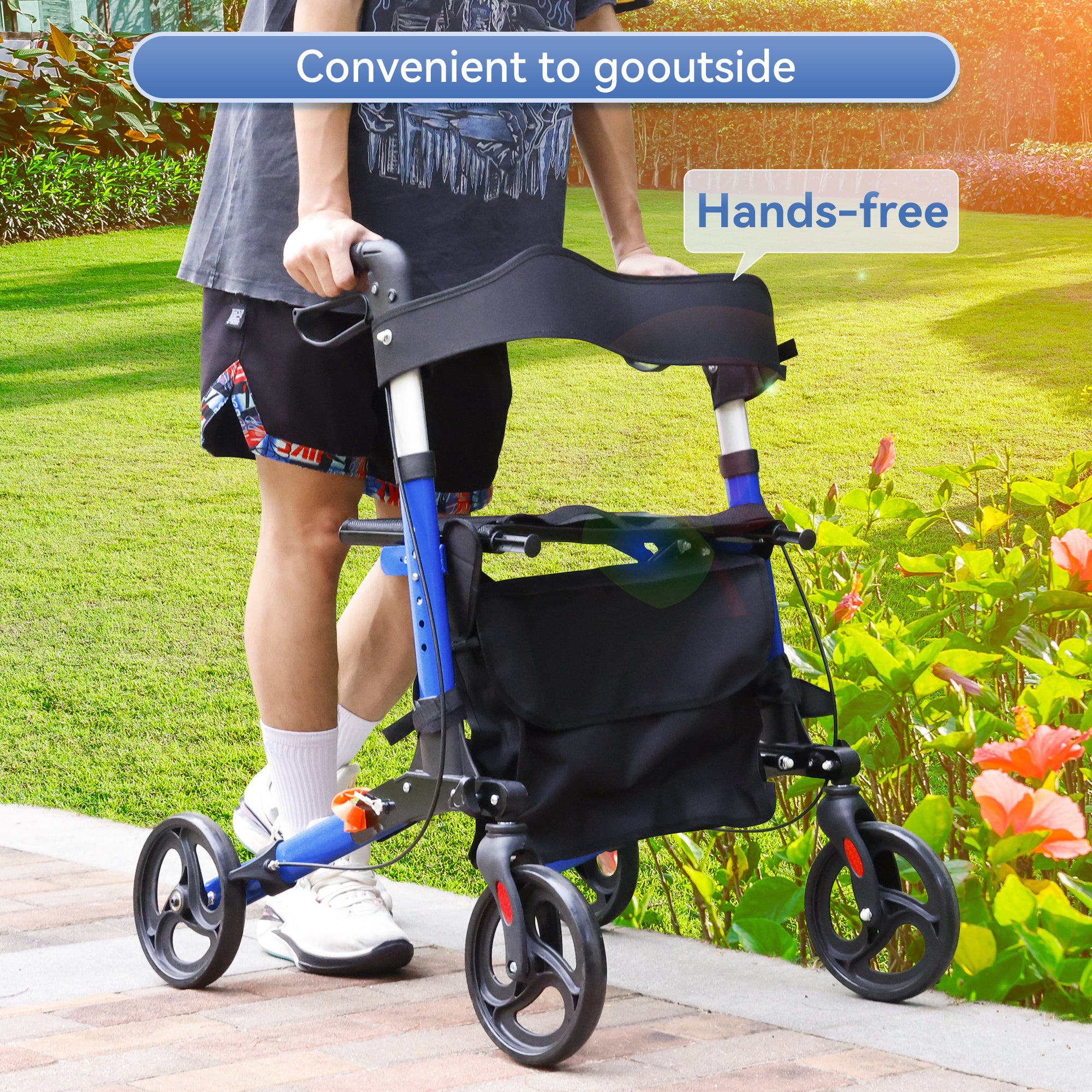 Foldable Rollator Walker with 6 levels of Adjustable Seat 8 Wheels  Compact Folding Design Lightweight Mobility Walking Aid suitable for people of different heights