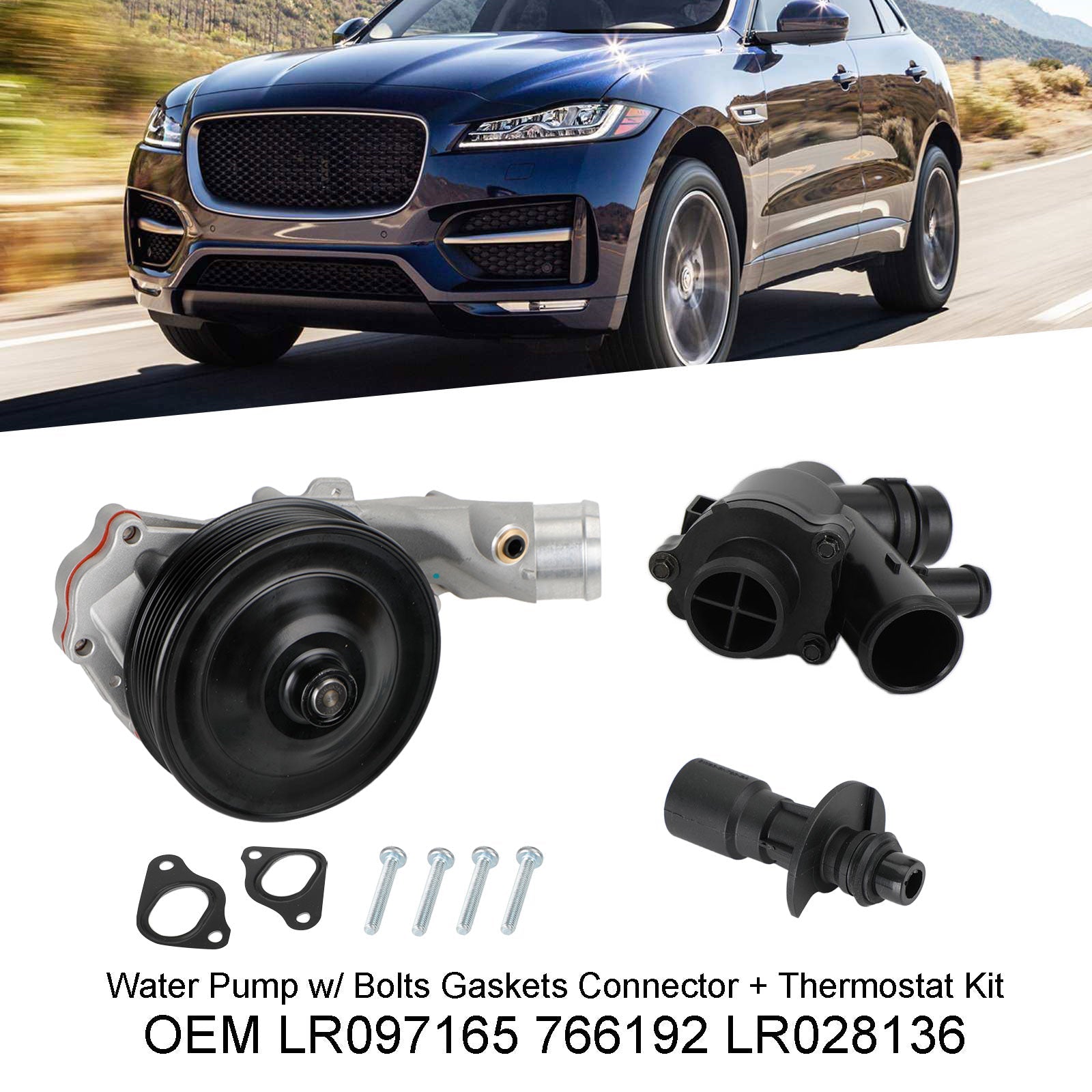 Jaguar 2014 - 2017 F-Type Water Pump w/ Bolts Gaskets Connector + Thermostat Kit