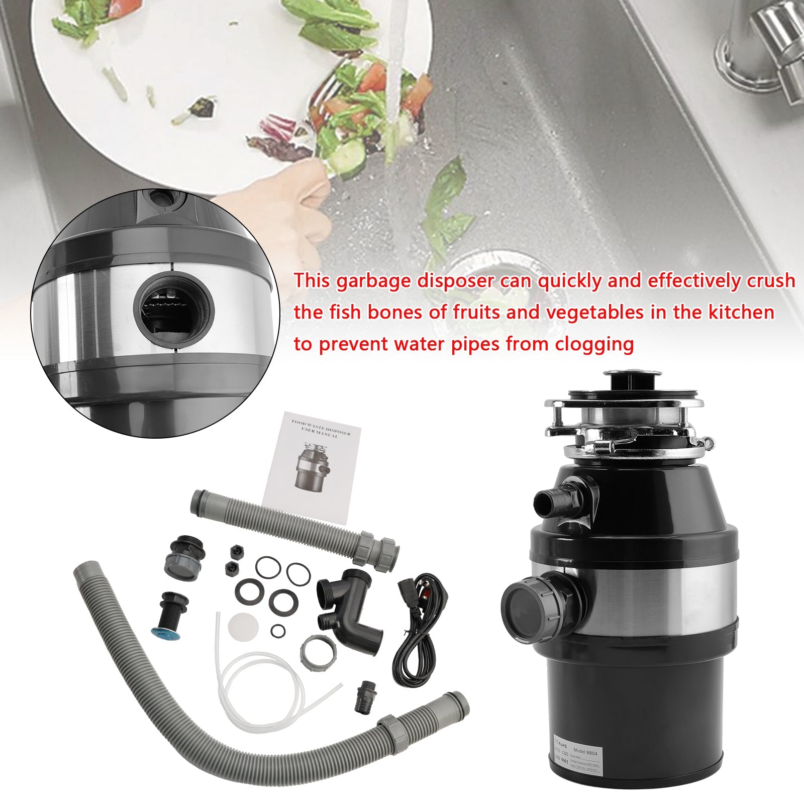 Garbage Disposal 3/4 HP 2800 RPM Under Sink Kitchen Food Waste Disposer w/ Plug