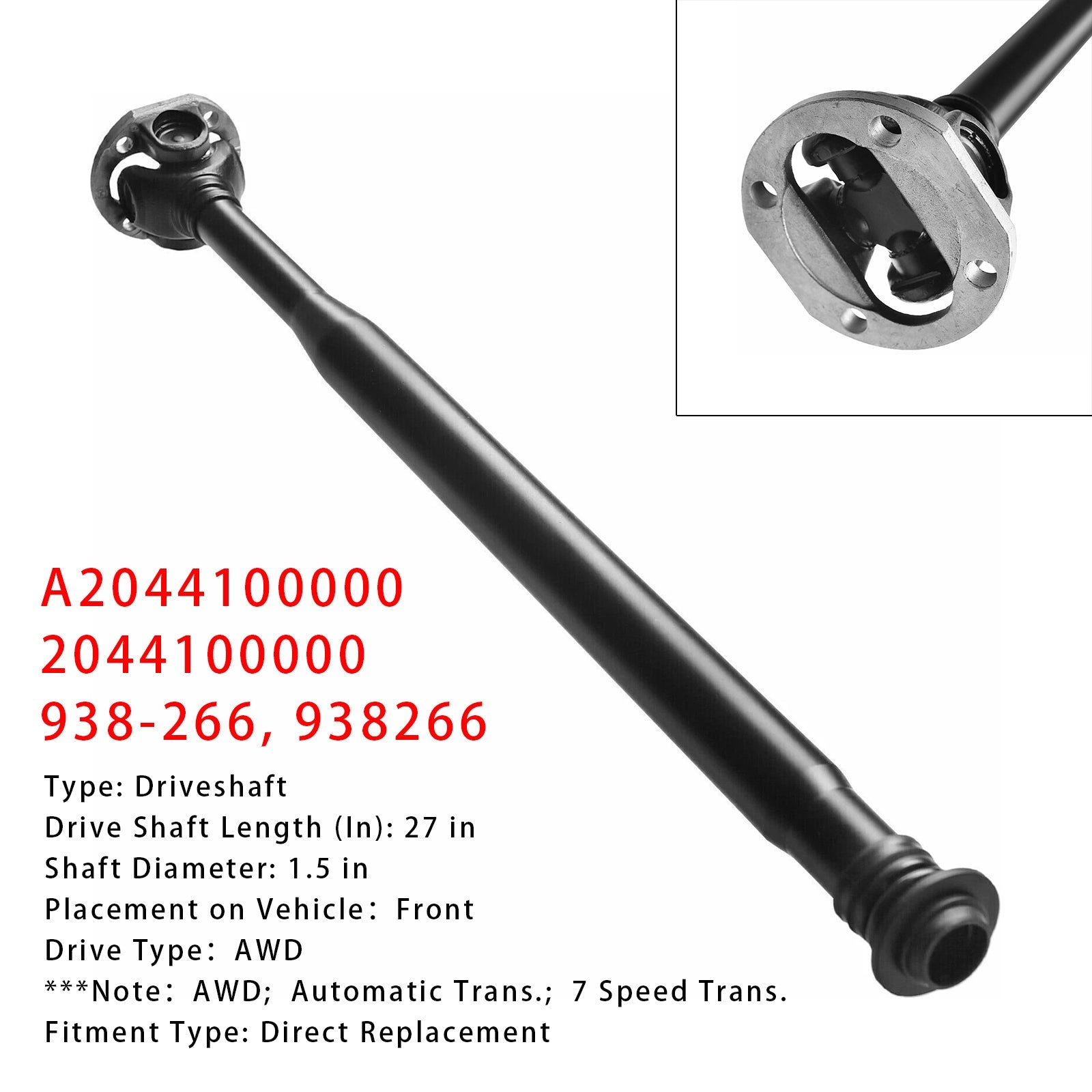 2015-2017 Mercedes-Benz W205 C300 Front Driveshaft Prop Shaft 2044100000