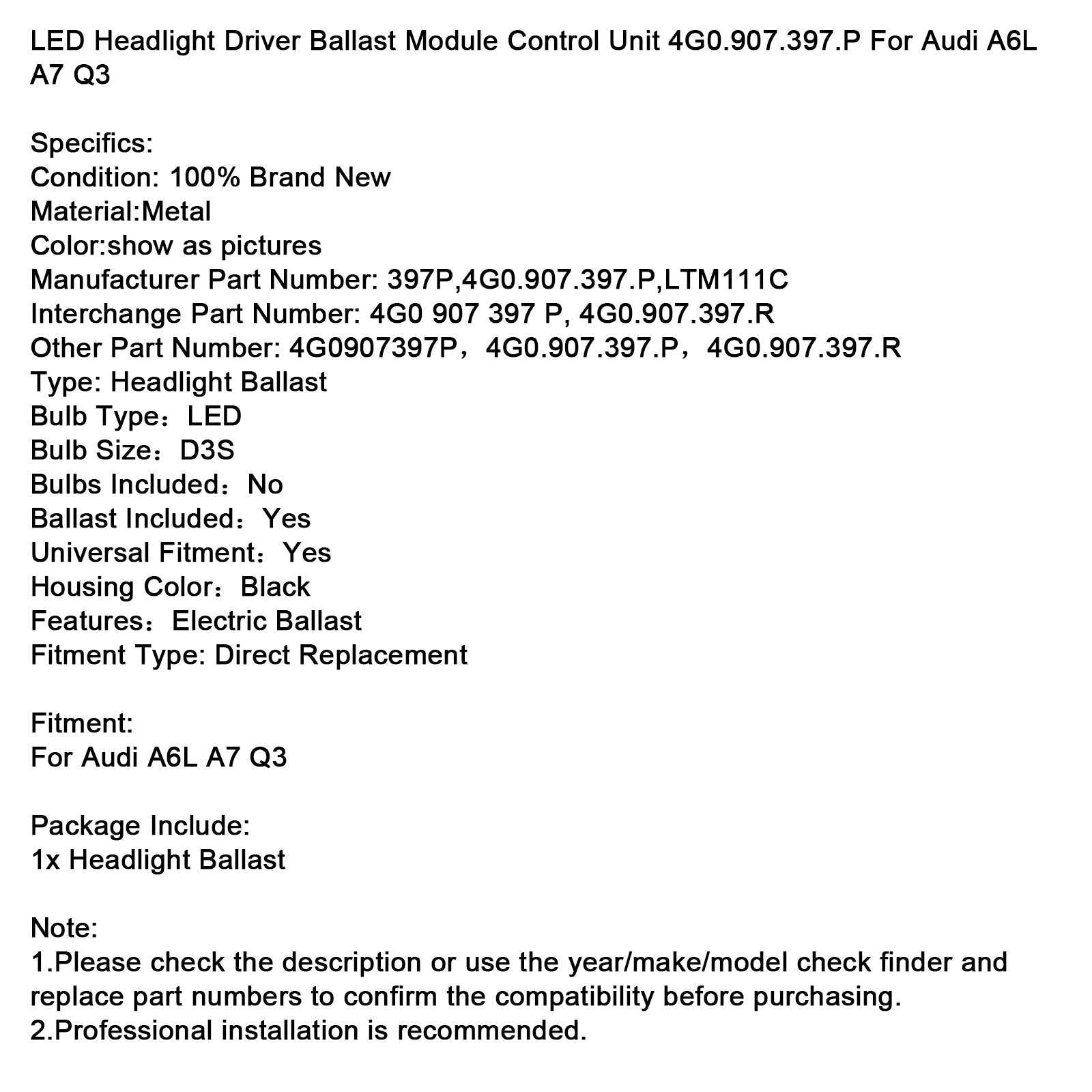 LED Headlight Driver Ballast Module Control Unit 4G0.907.397.P For Audi