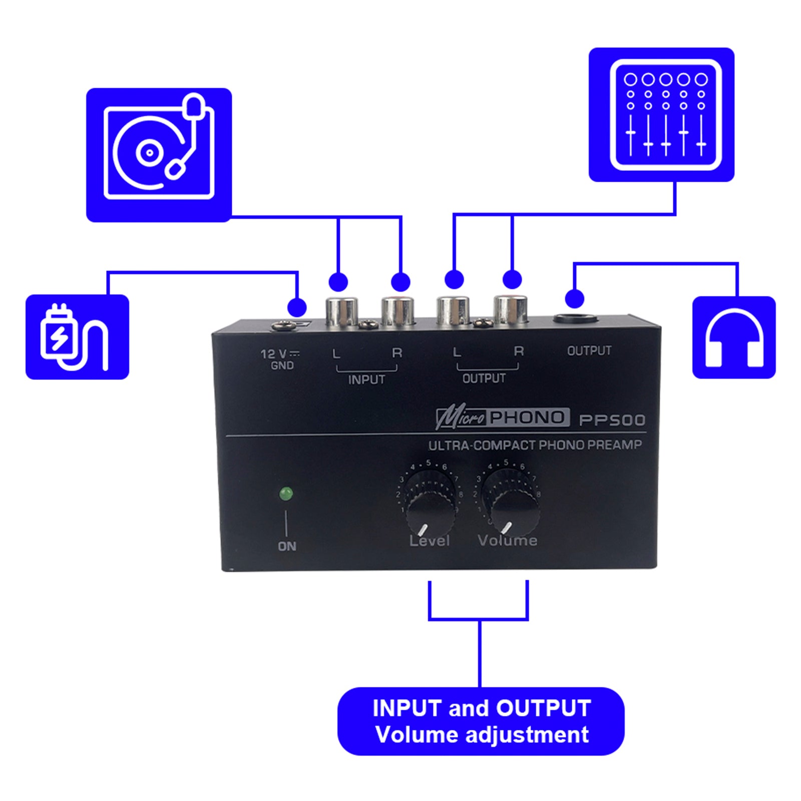 PP500 Phono Preamp Preamplifier 12V Level Volume Control for LP Vinyl Turntable