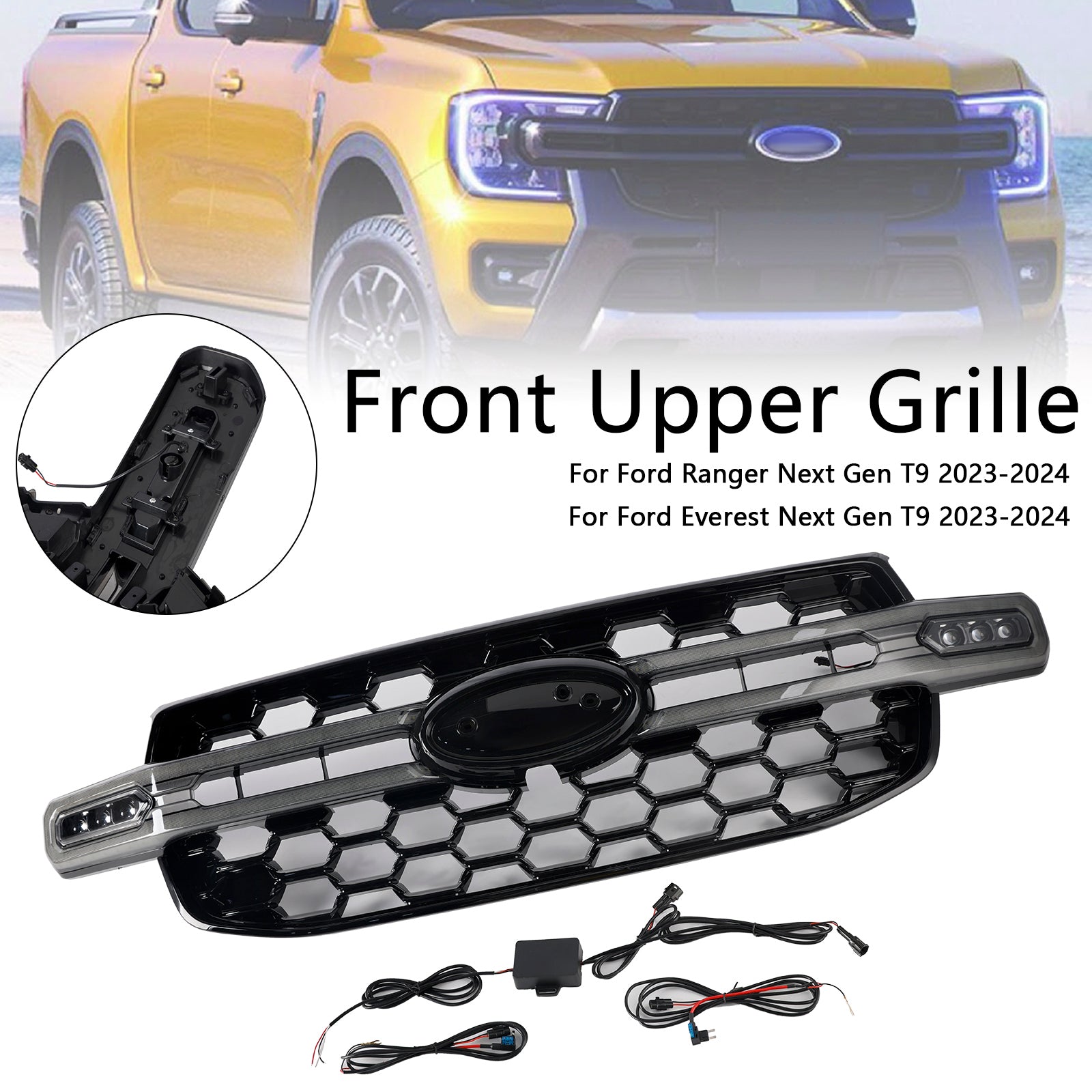 Front Bumper Grille Grill Fit Ford Ranger Everest Next Gen Wildtrak 2023-2024 (With White LED)