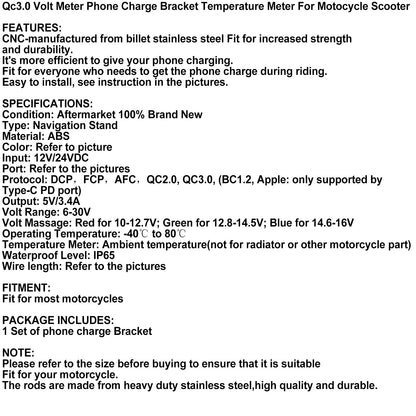 Qc3.0 Volt Meter Phone Charge Bracket Temperature Meter For Motocycle Scooter BlackB Generic