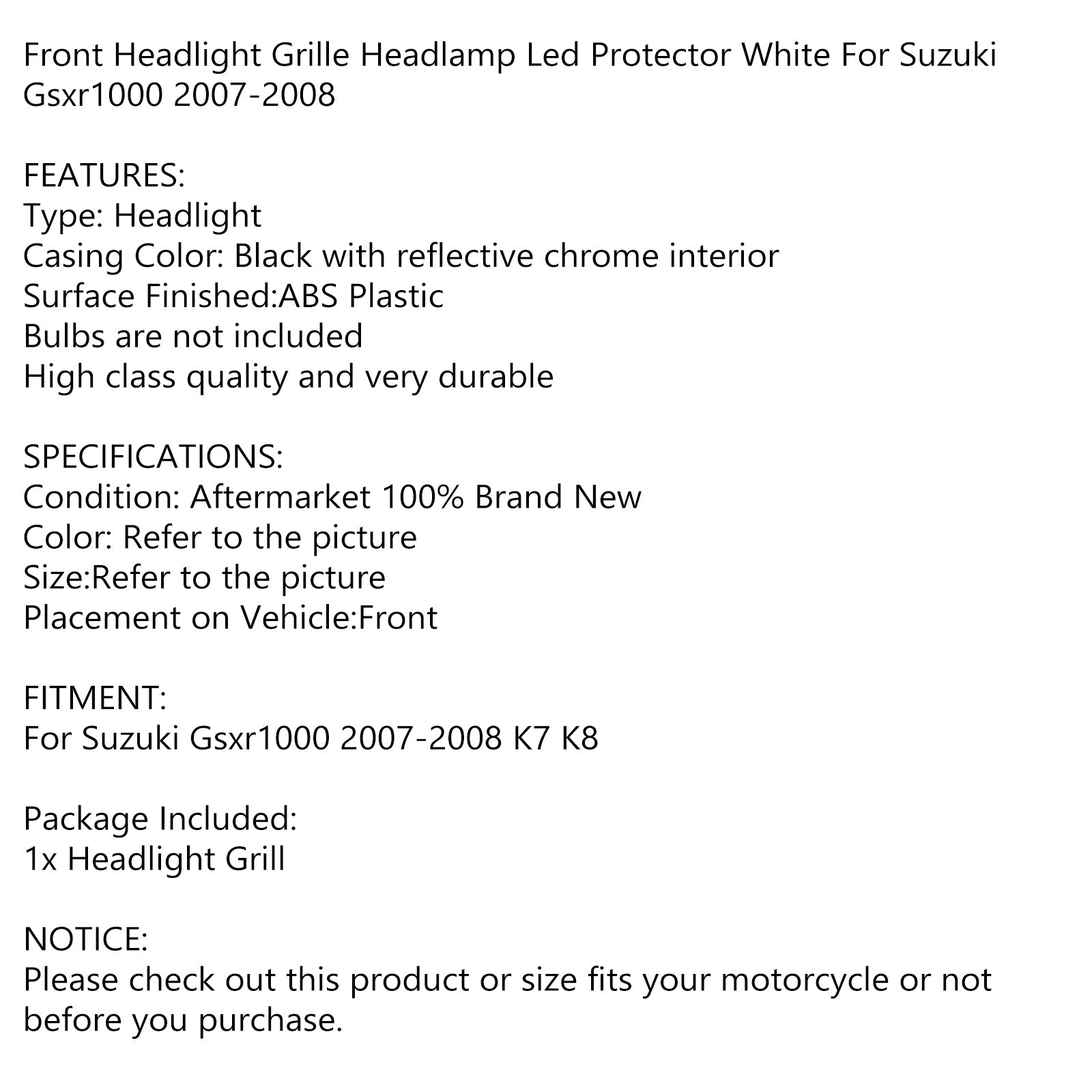 Headlamp Headlight Guard Protector Grill Led White For Suzuki Gsxr1000 07-08 K7