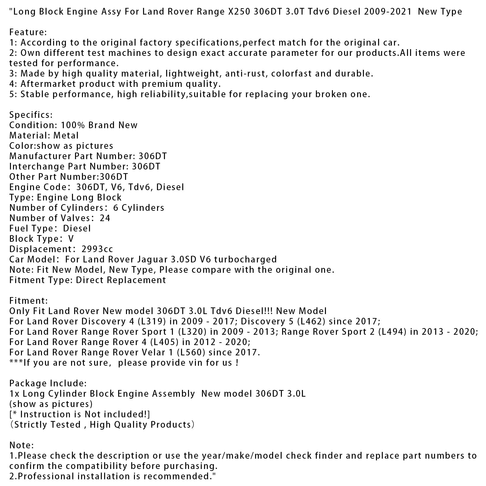 2013-2020 Land Rover Range Rover Sport 2 (L494) Long Block Engine 306DT