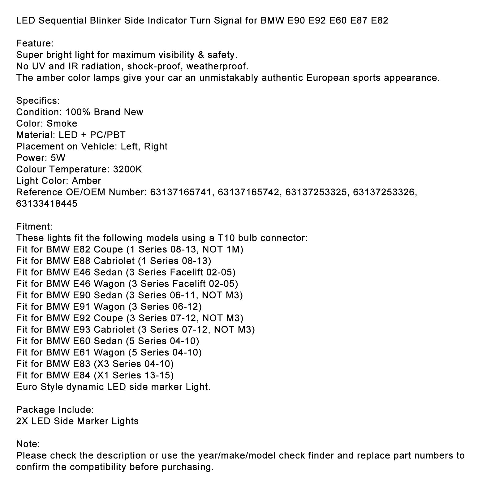 2006-2012 BMW E91 Wagon 3 Series LED Sequential Blinker Side Indicator Turn Signal 63137165741 Generic