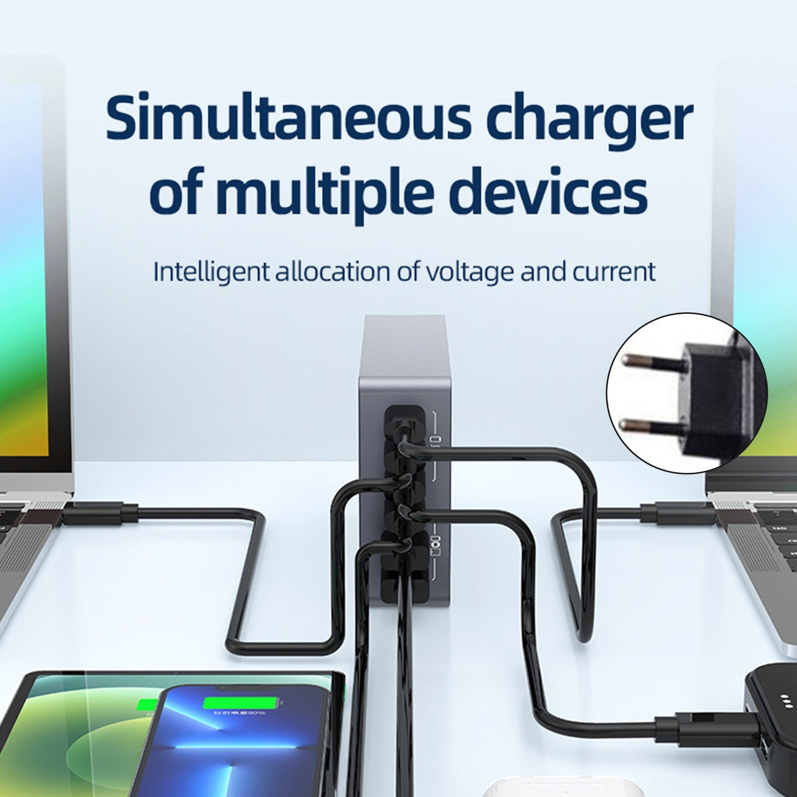 F8A Desktop Charging Station USB 6-Port Fast Charger PD100W Charging Stand Smart Charger EU Plug
