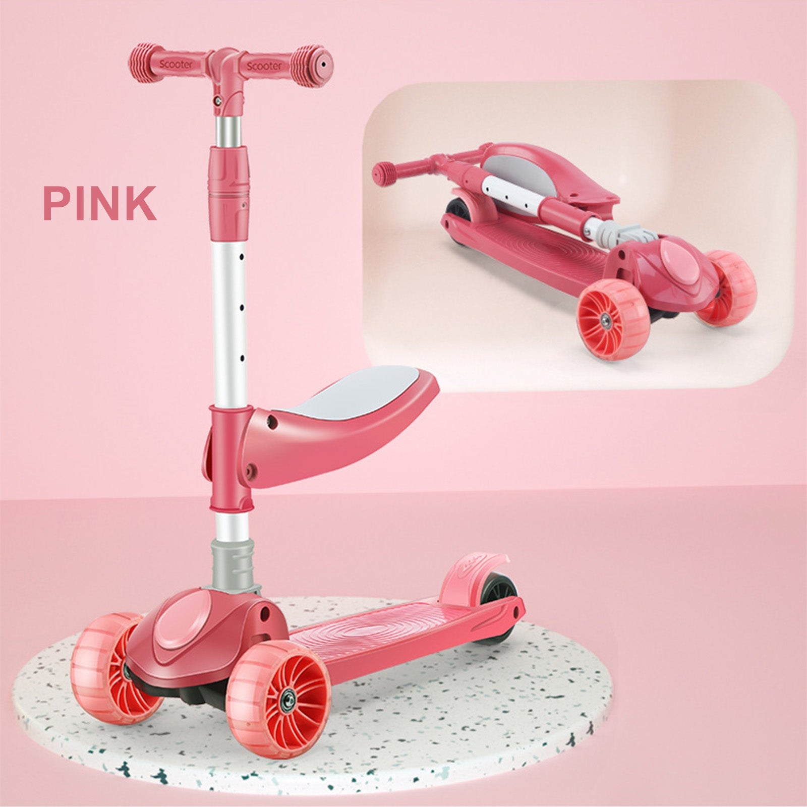 2-in-1 Kids Scooter Foldable Seat Light 3 Wheel Adjustable Folding Bar Blue/Pink