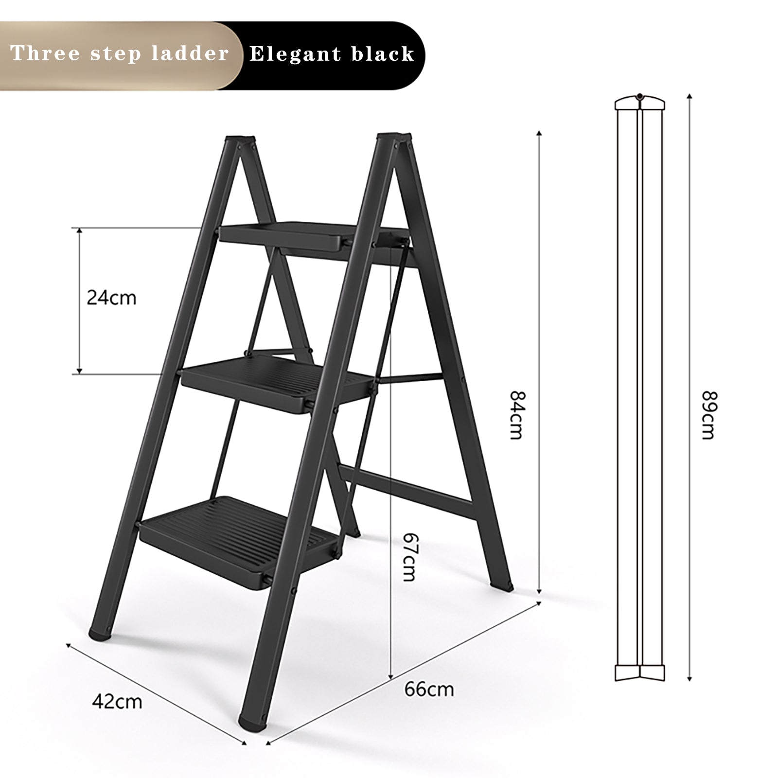 Lightweight 3 Step Ladder, Foldable with Wide Pedals, Compact Storage, 150kg Load Capacity