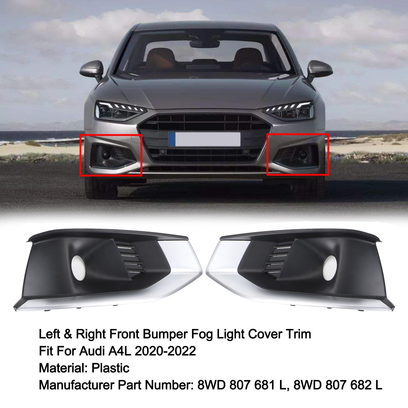 2020-2022 Audi A4L Left & Right Front Bumper Fog Light Grille Cover Trim 8WD 807 681 L