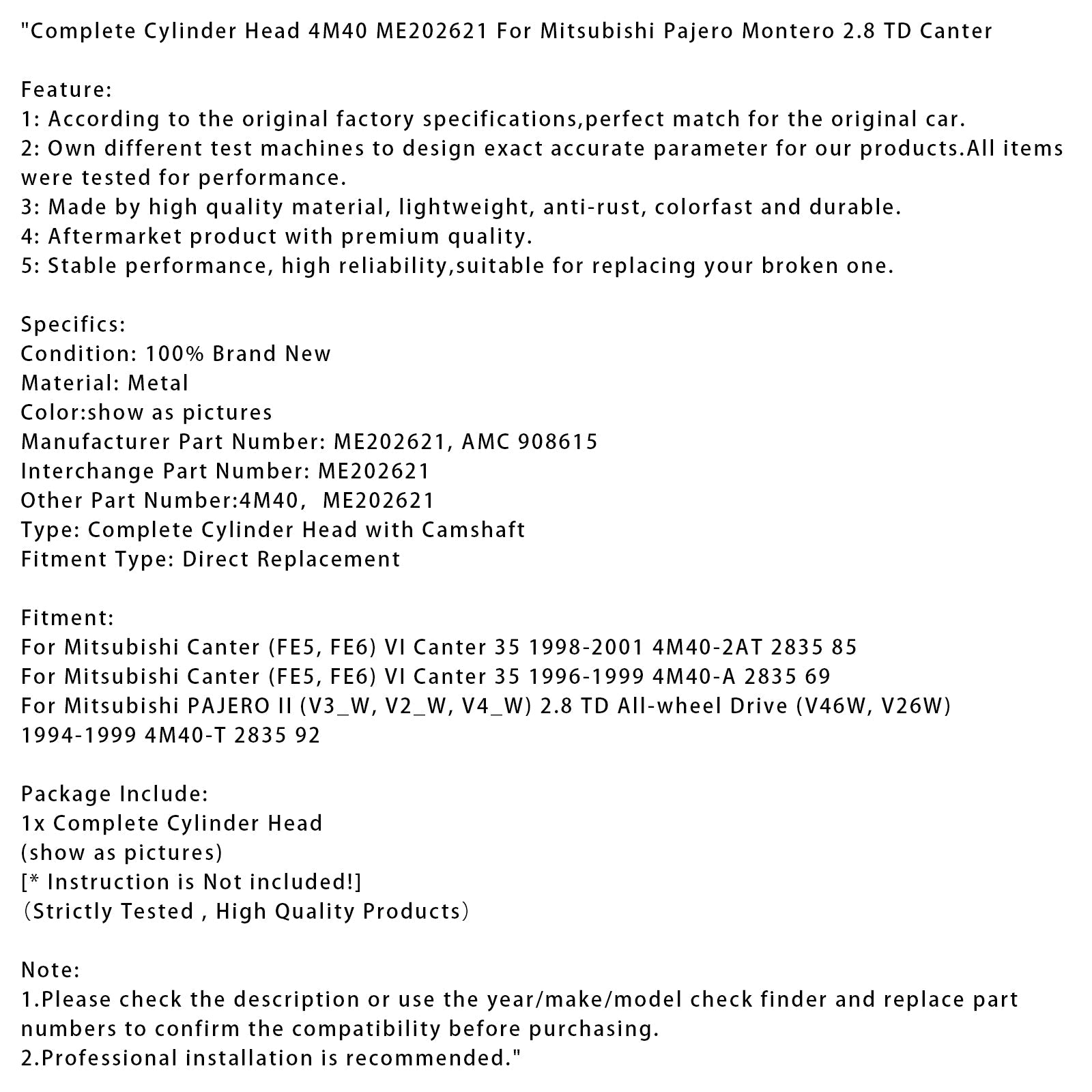 1994-1999 Mitsubishi PAJERO II (V3_W, V2_W, V4_W) 2.8 TD All-wheel Drive (V46W, V26W) 4M40-T 2835 92 Complete Cylinder Head 4M40 ME202621