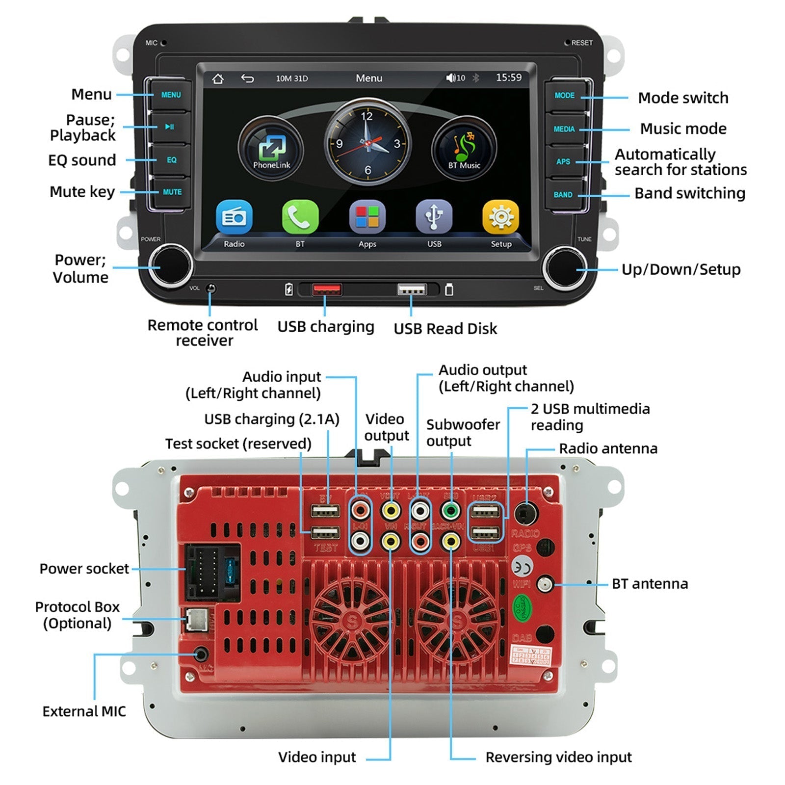 7" Volkswagen Car Bluetooth Radio MP5 Car Player Wireless Carplay + 4 LED Camera