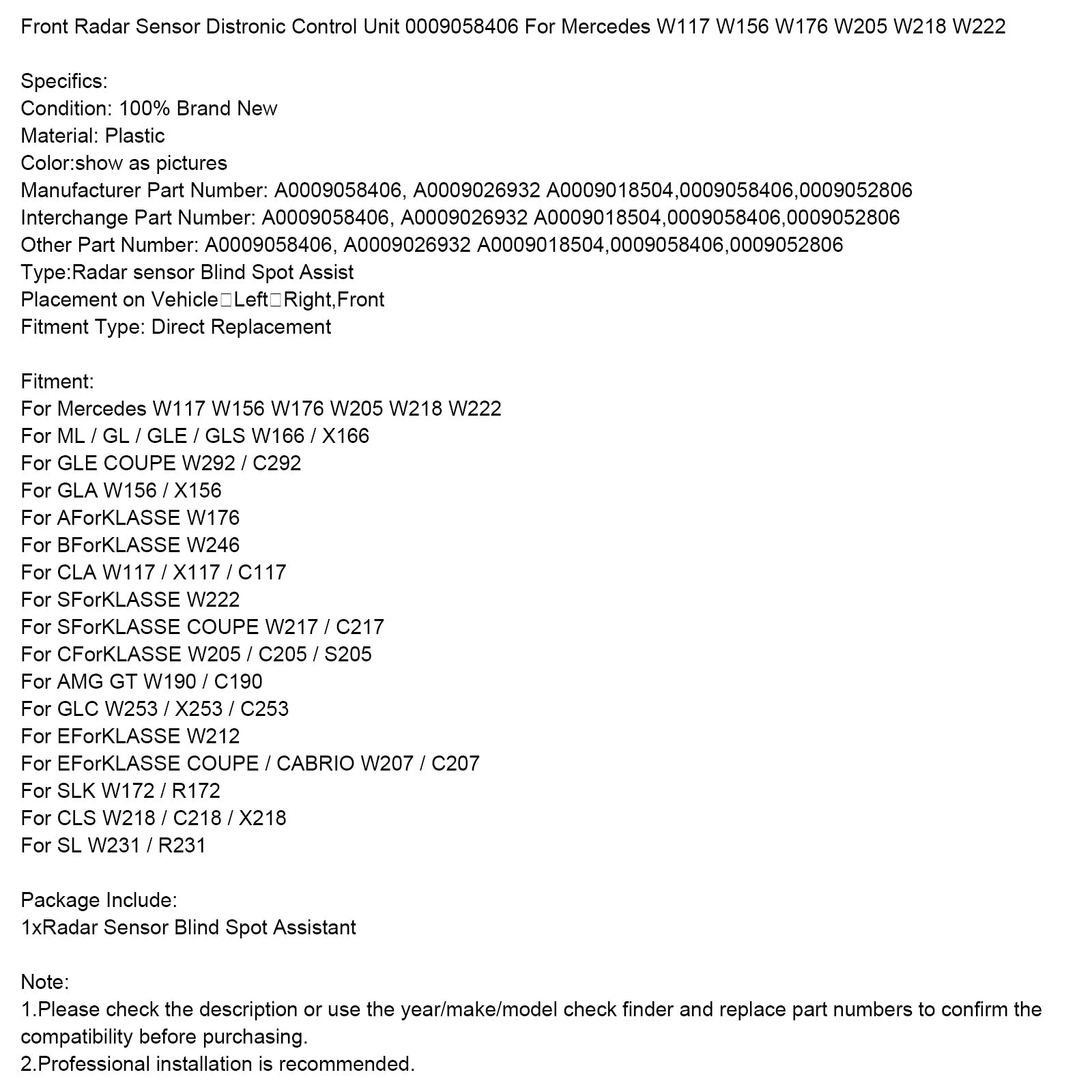 Mercedes Benz BForKLASSE W246 Front Radar Sensor Distronic Control Unit 0009058406