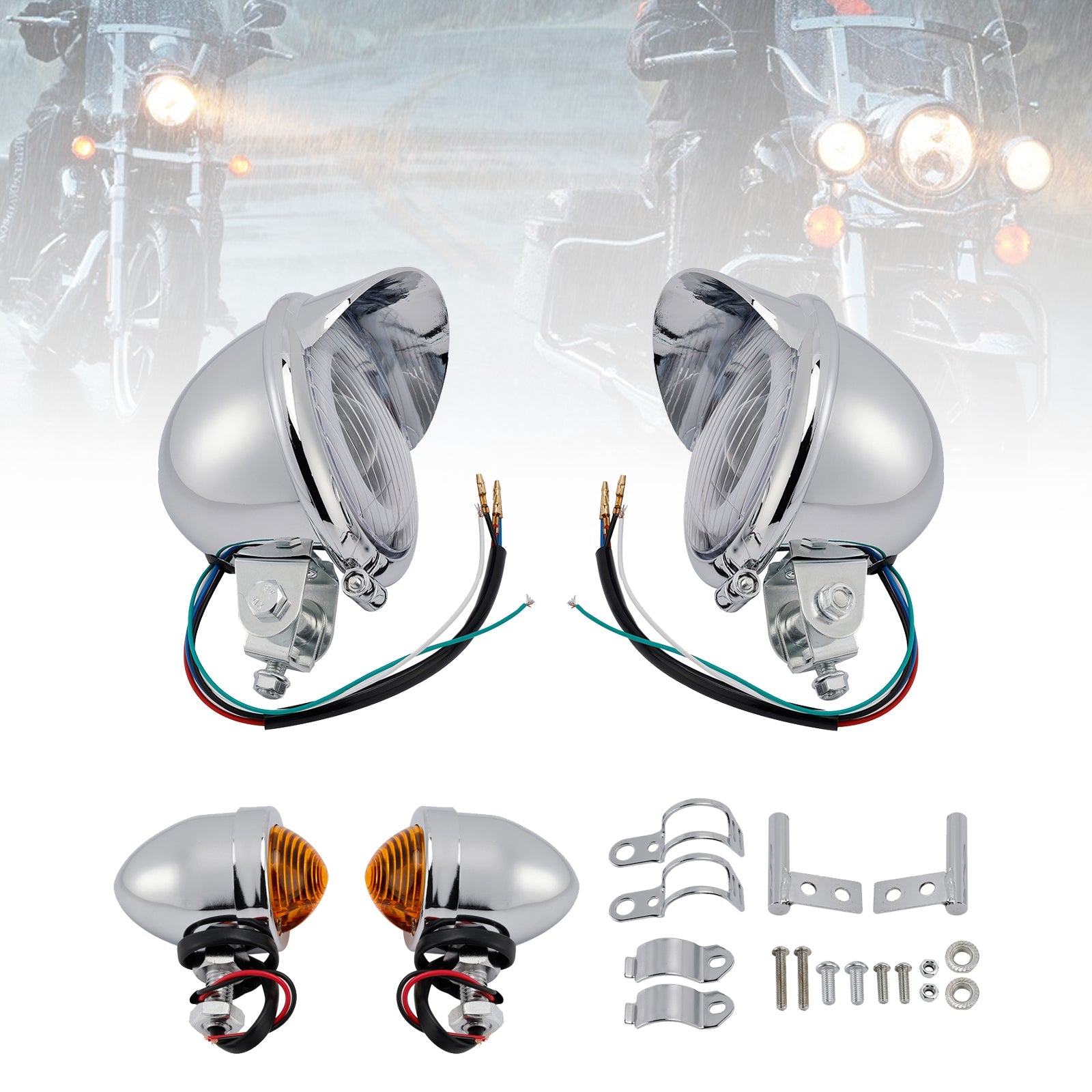 Motorcycle Beam Headlight Fog Lamp Custom Chrome #D17 For Racer Bobber Chopper