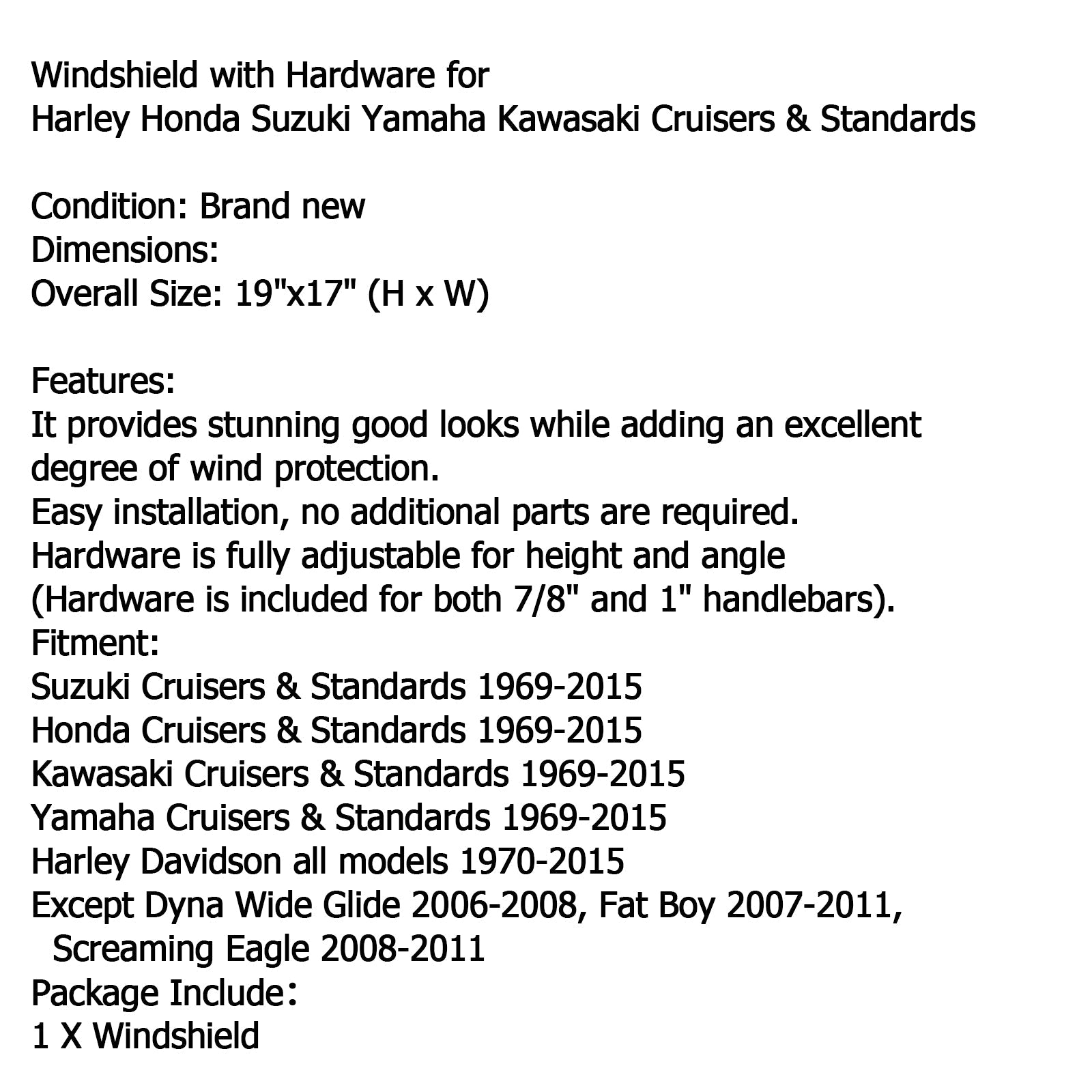 1969-2015 Kawasaki Cruisers & Standards Large 19"x17" Windshield Windscreen