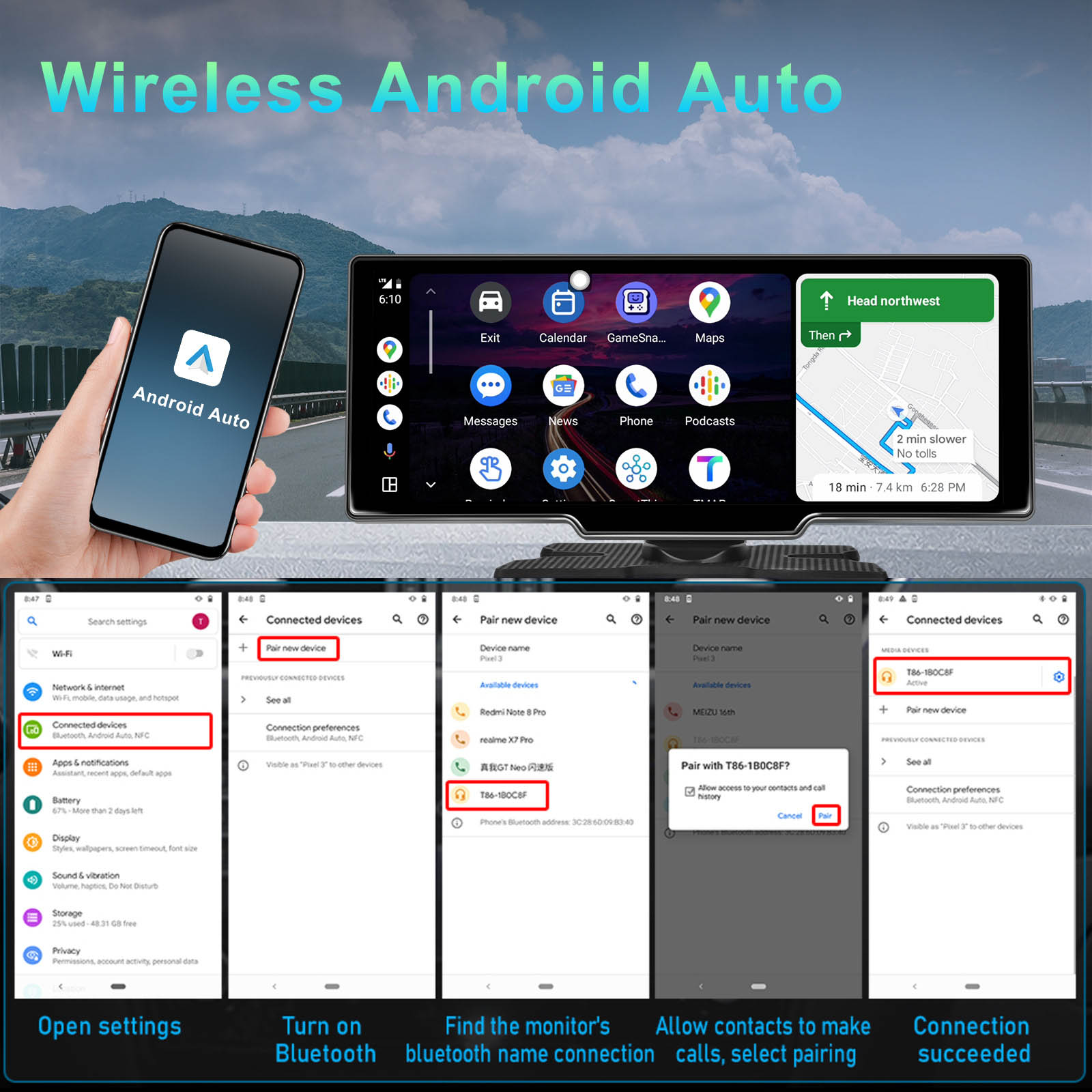 10.77" Portable Bluetooth Car Navigation Wireless Carplay HD Large Touch Screen