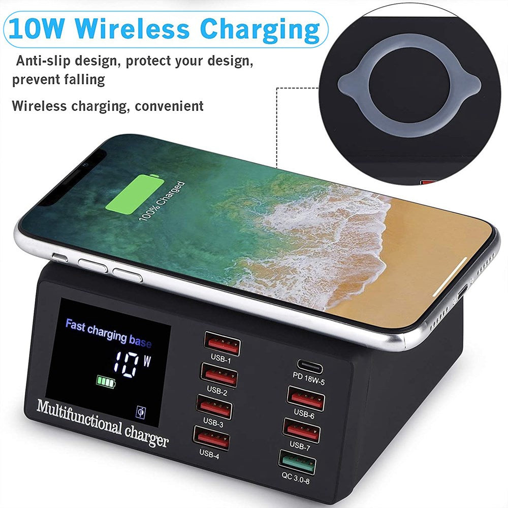 100W 8 Ports USB QC 3.0 Fast PD Quick Adapter Wireless Charging Station UK Plug