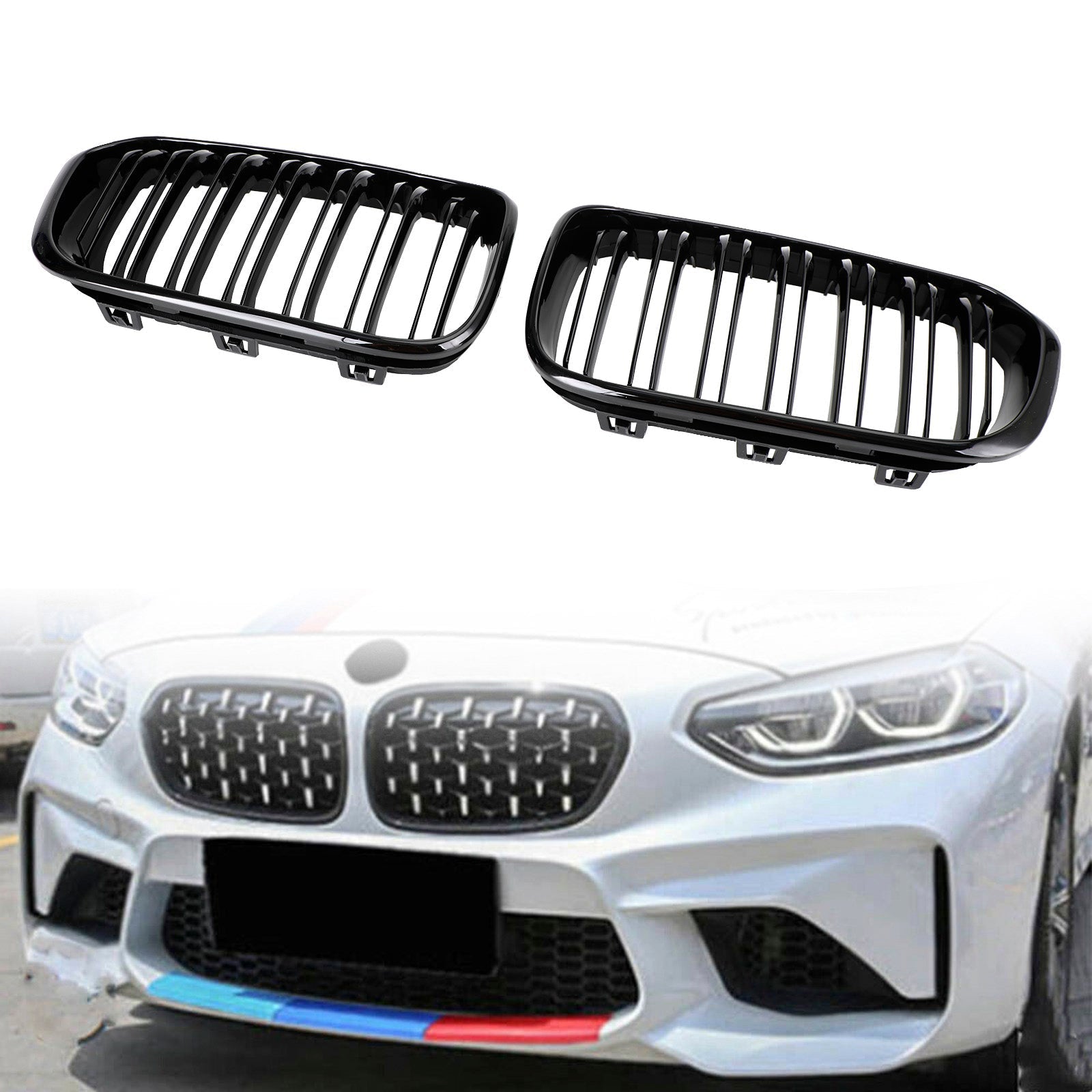 BMW 1 Series 2015-2017 F20 F21 Gloss Black Double Front Kidney Grill Grille