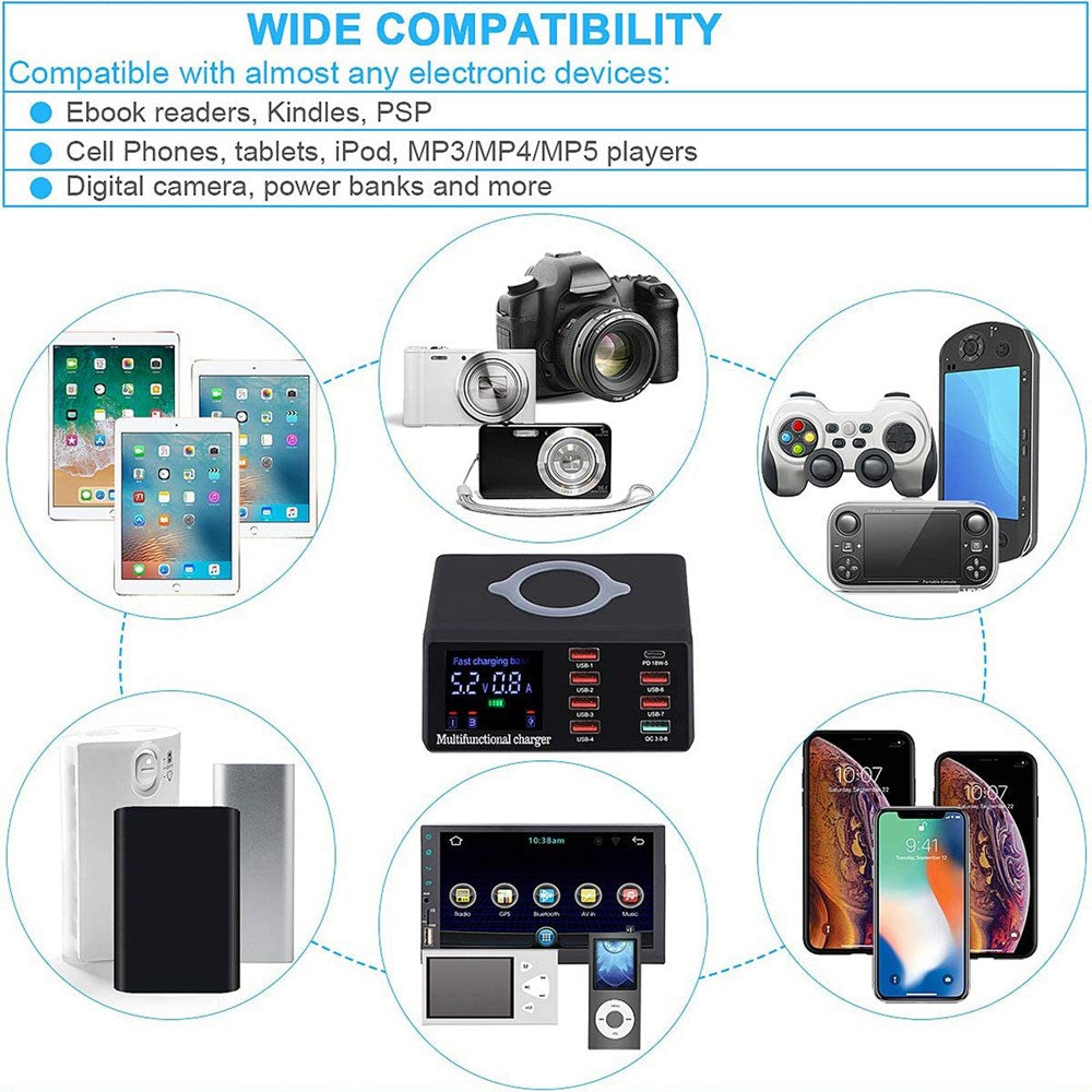 100W 8 Ports USB QC 3.0 Fast PD Quick Adapter Wireless Charging Station UK Plug