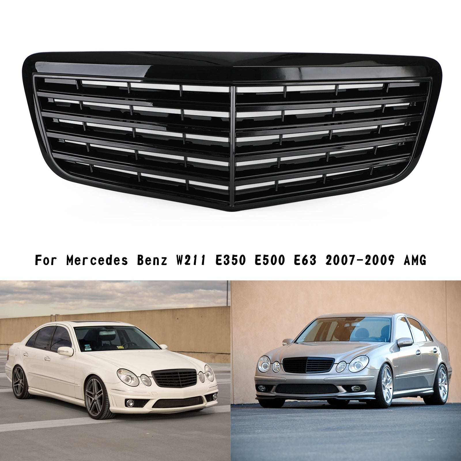 2007-2009 Mercedes Benz W211 E350 E500 E63 AMG Front Bumper Grille Grill Gloss Black