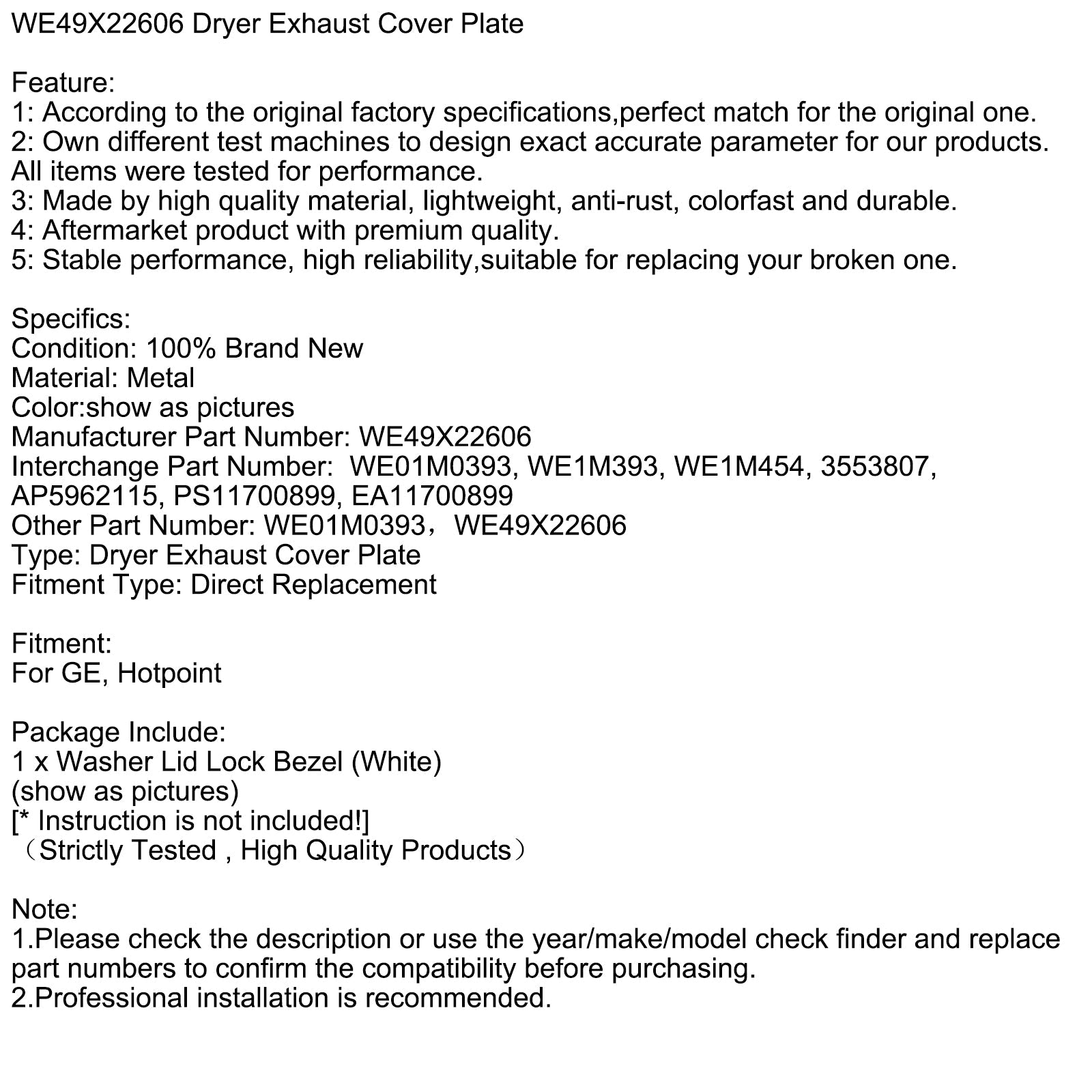 WE49X22606 Dryer Exhaust Cover Plate