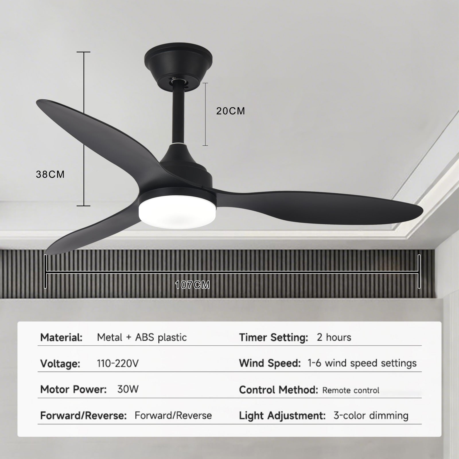42" Pendant Ceiling Fan with Light Dimmable Black Quiet DC Motor Remote