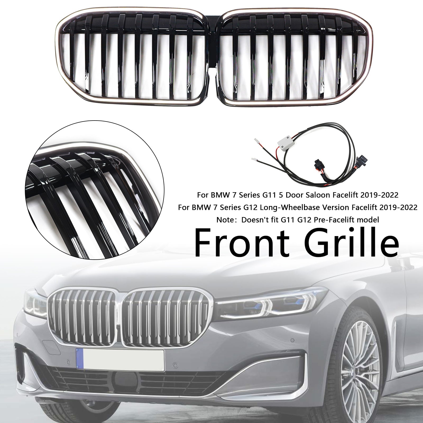 2019-2022 BMW 7 Series G11 G12 Single Slat Gloss Black Front Grill Grille Fit