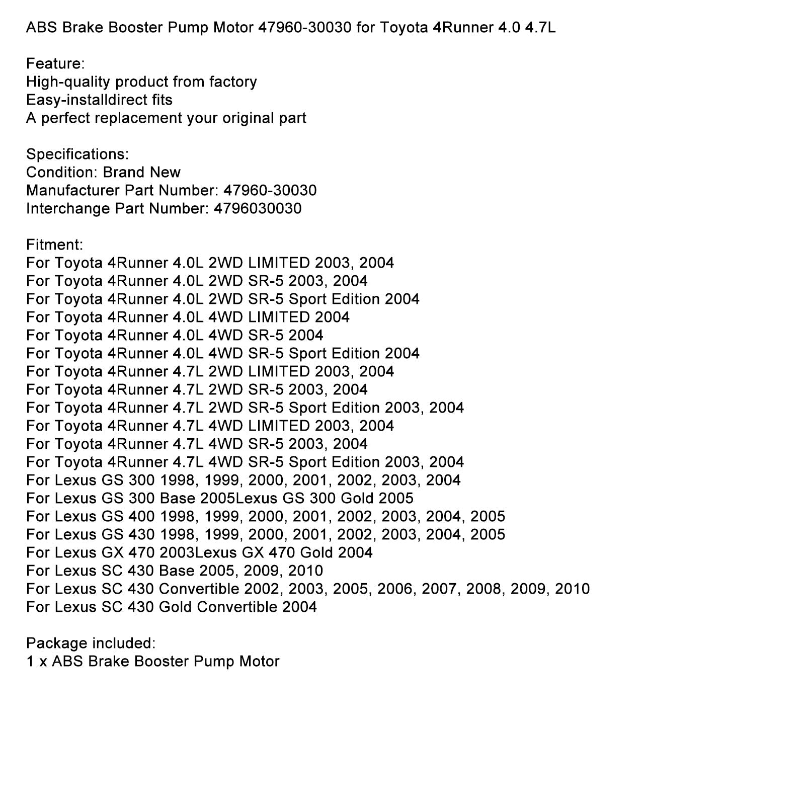 2003 Lexus GX 470 / 2004 Lexus SC 430 GX 470 Gold ABS Brake Booster Pump Motor 47960-30030 Fedex Express