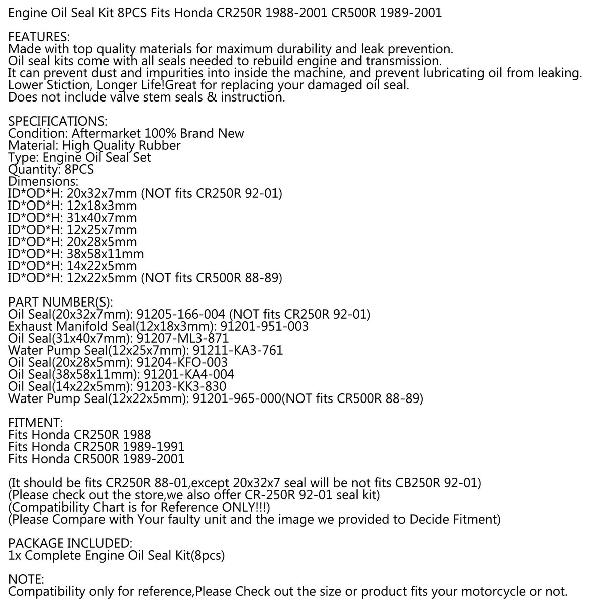 1988 Honda CR250R 8pcs Engine Oil Seal Kit Set Generic
