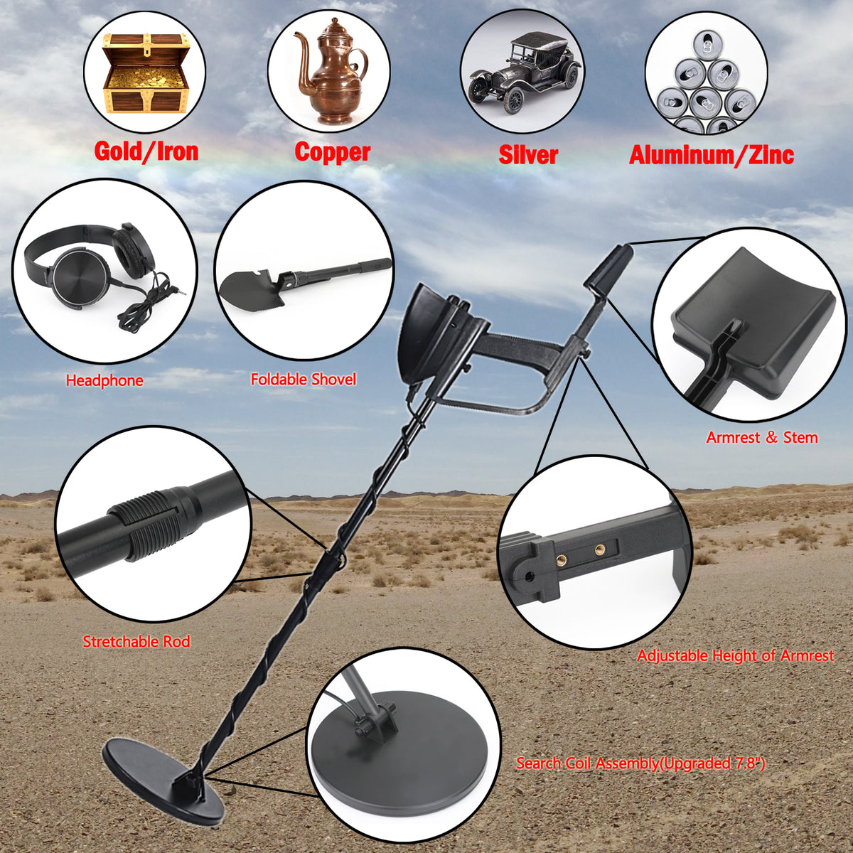 7.8" Hunter Deep Sensitive Metal Detector + Shovel + Earphone Waterproof