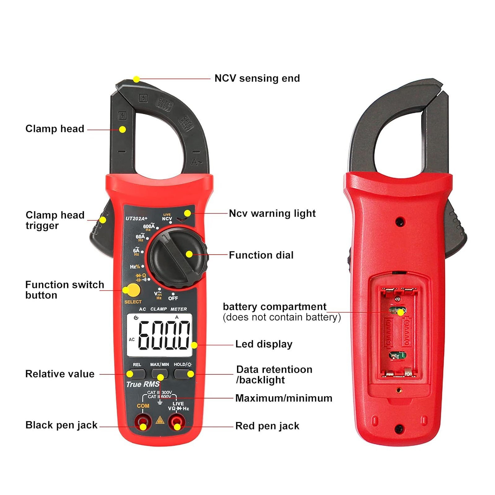 UT202A+ Digital Clamp Meter 6000 Counts Auto Range True RMS NCV Multimeter