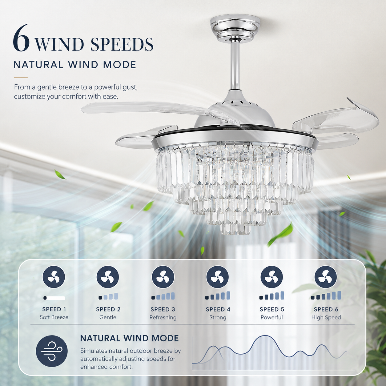 Remote Control Retractable Blades 6 Speeds 42" Crystal Ceiling Fan with Light