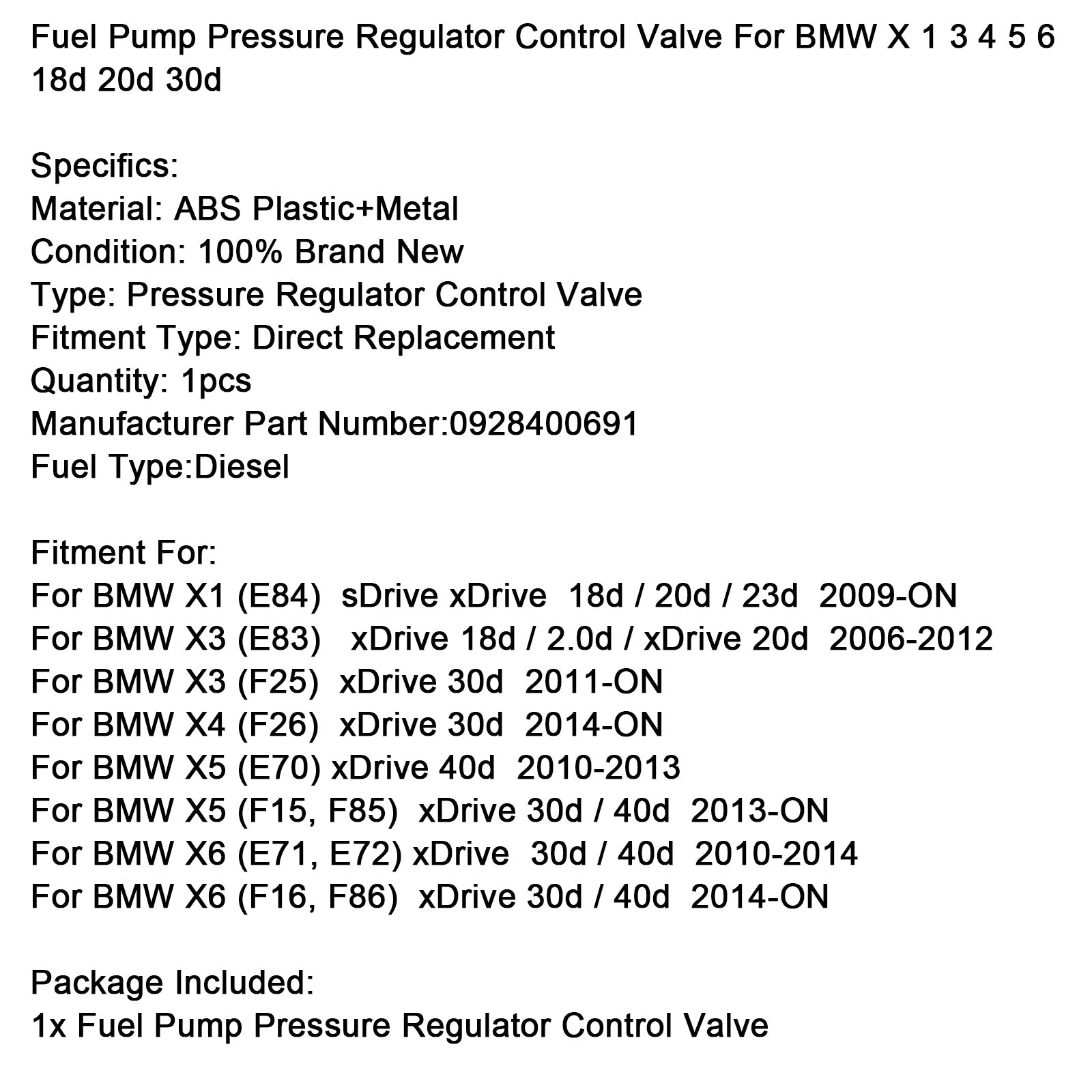 Fuel Pump Pressure Regulator Control Valve For BMW X 1 3 4 5 6 18d 20d 30d