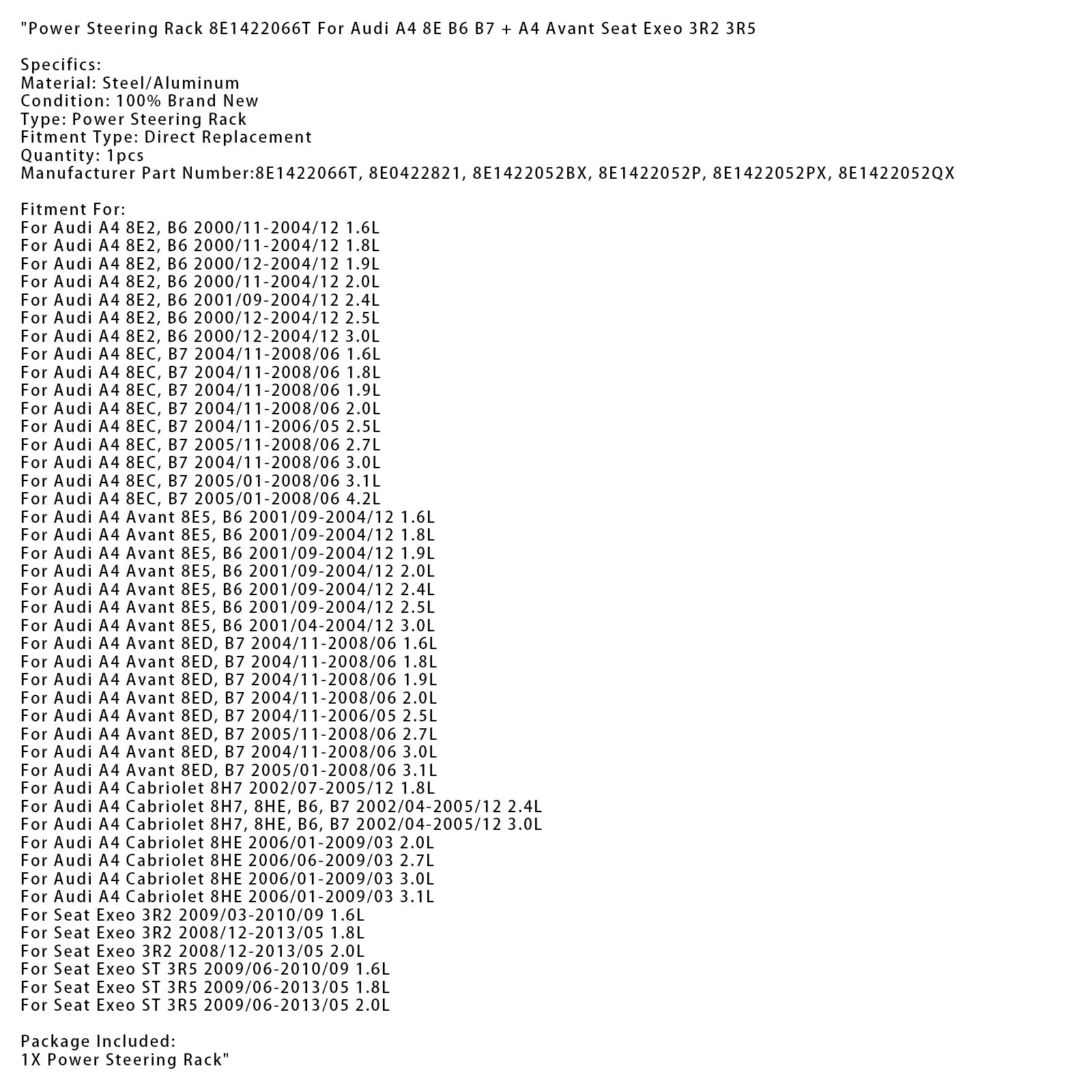 2009/03-2010/09 Seat Exeo 3R2 1.6L Power Steering Rack 8E1422066T 8E0422821