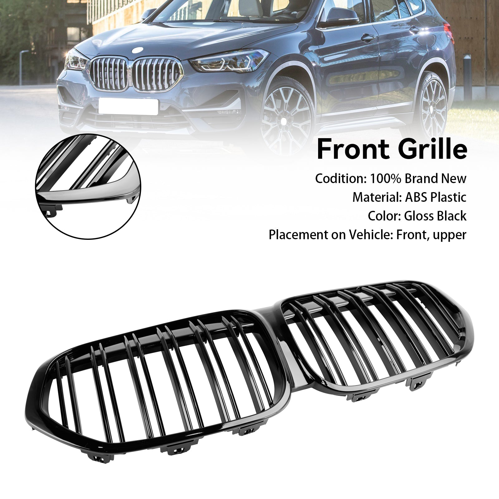 BMW X1 F48 F49 Dual Slat 2019-2021 Gloss Black Front Kidney Grille Grill