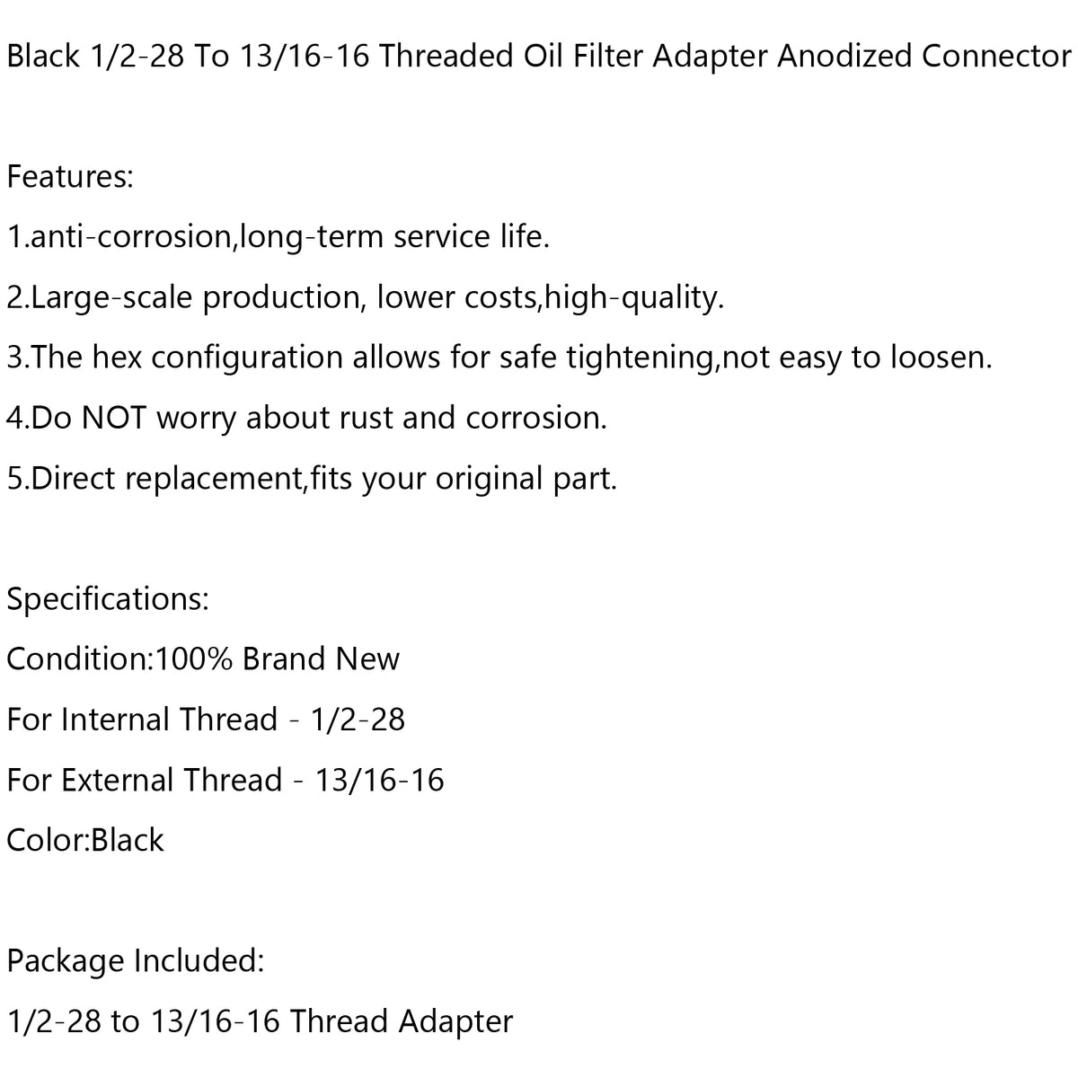 1/2-28 To 13/16-16 Oil Filter Threaded Adapter Stronger Than Aluminum New