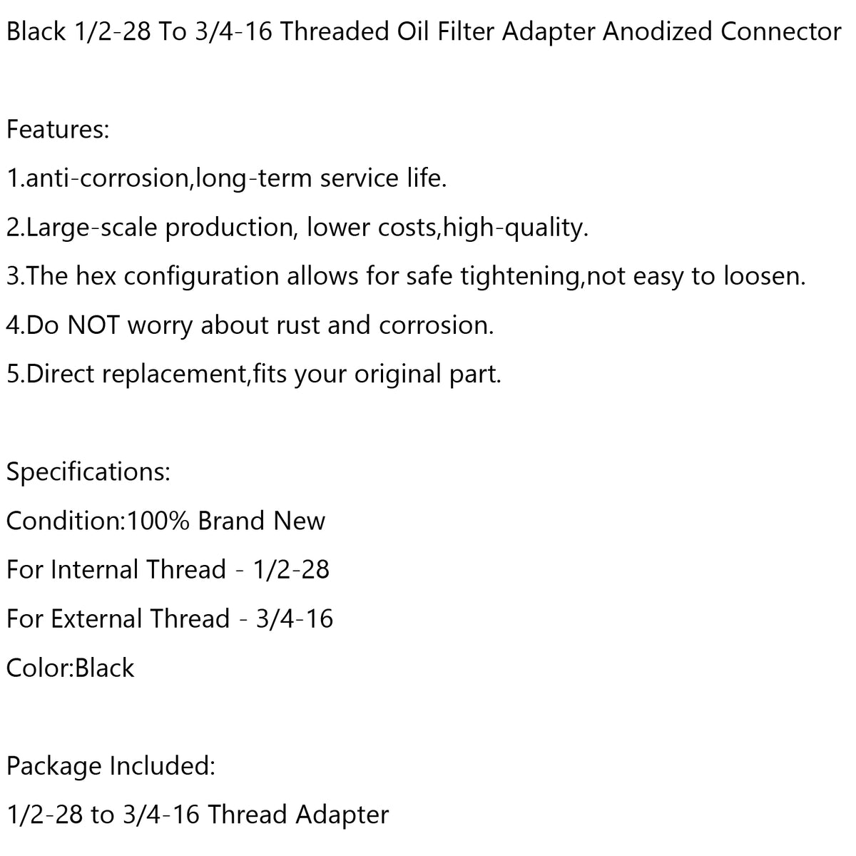 1/2-28 To 3/4-16 Oil Filter Threaded Adapter Stronger Than Aluminum New